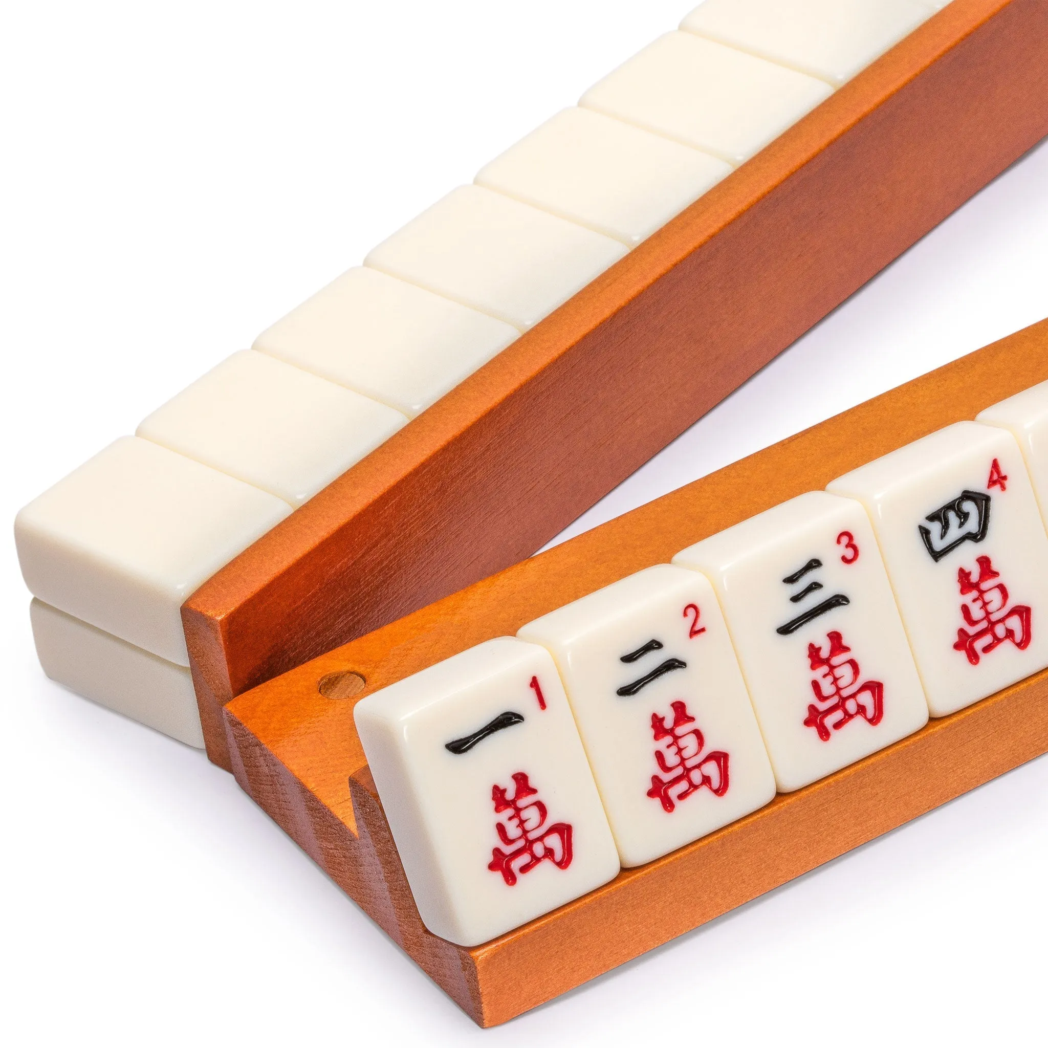 18-Inch Dark Pine Wooden Mahjong Game Racks with Built-in Pushers - Set of 4