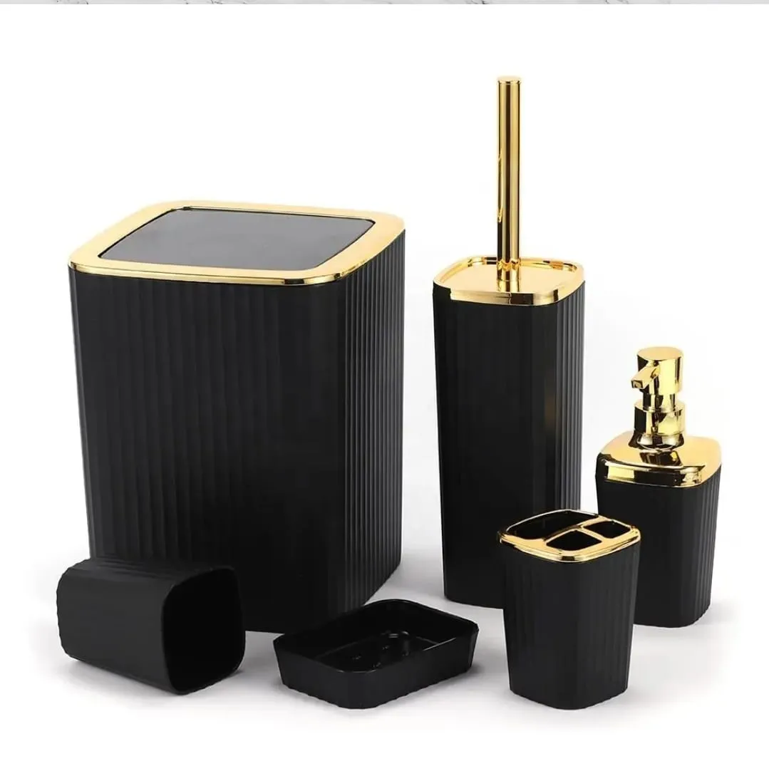 6 in 1 bathroom accessories set with gold ring.