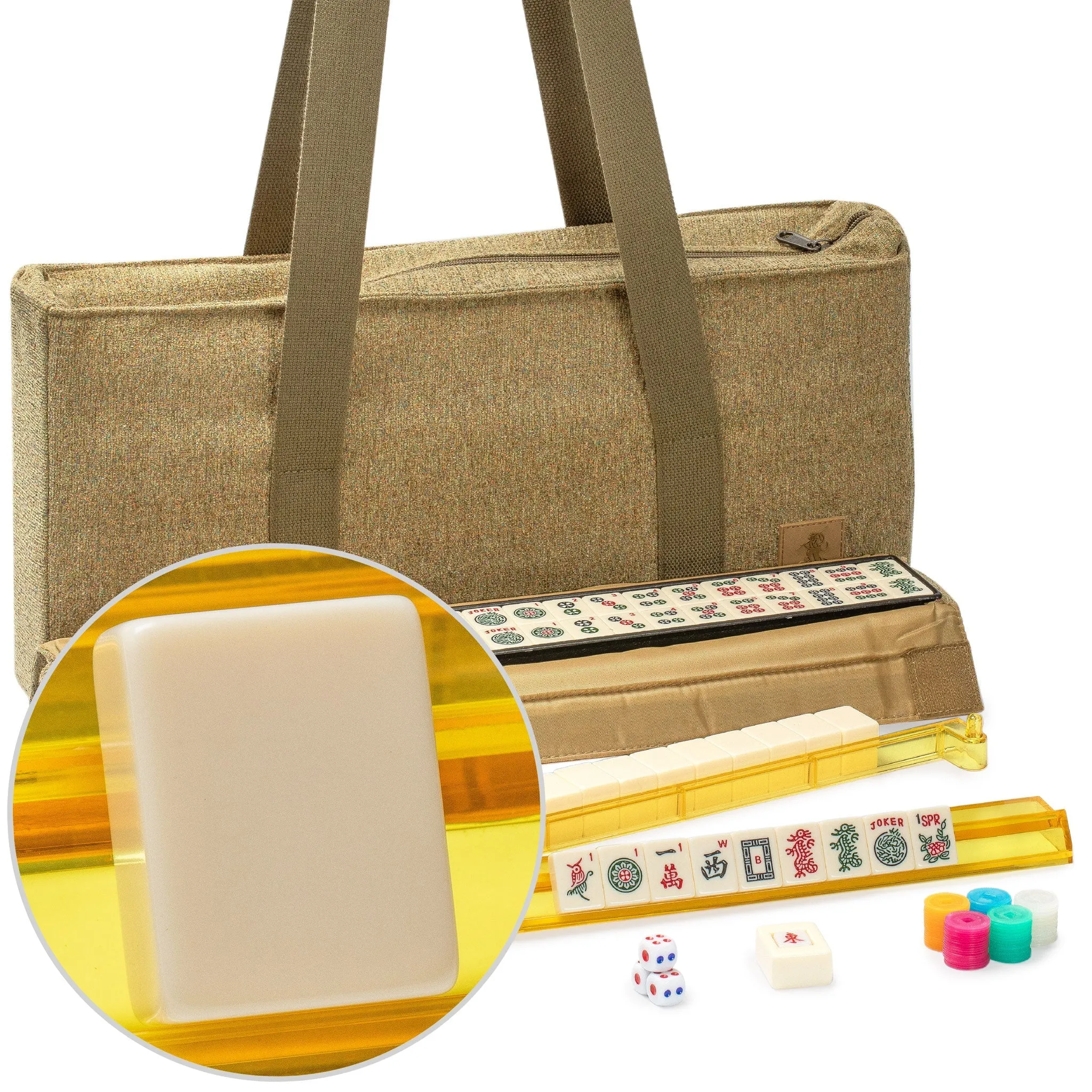 American Mahjong Game Set, "Manzanilla" with Olive Green Soft Case - Racks with Pushers, Scoring Coins, Dice, and Wind Indicator