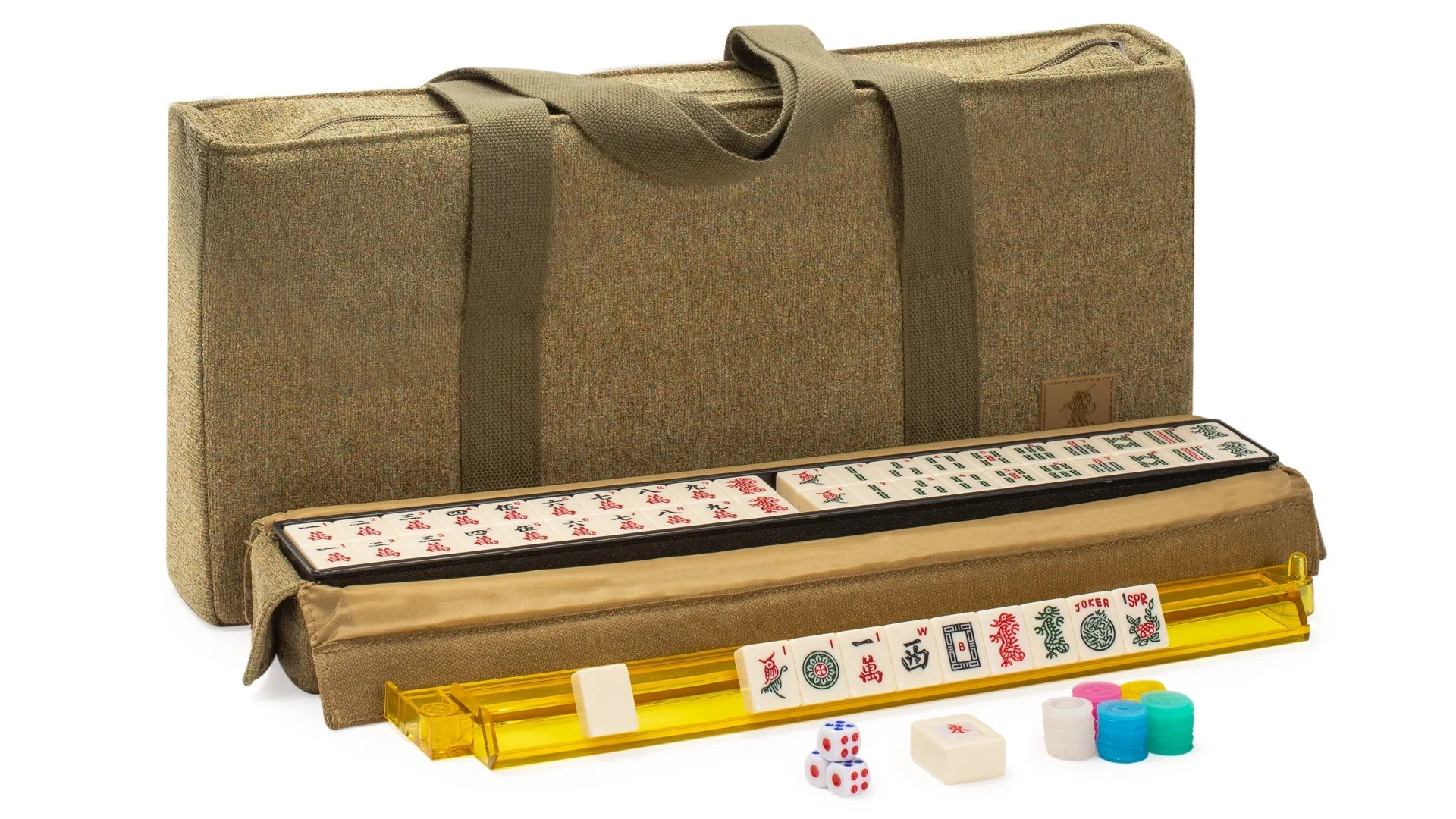 American Mahjong Game Set, "Manzanilla" with Olive Green Soft Case - Racks with Pushers, Scoring Coins, Dice, and Wind Indicator