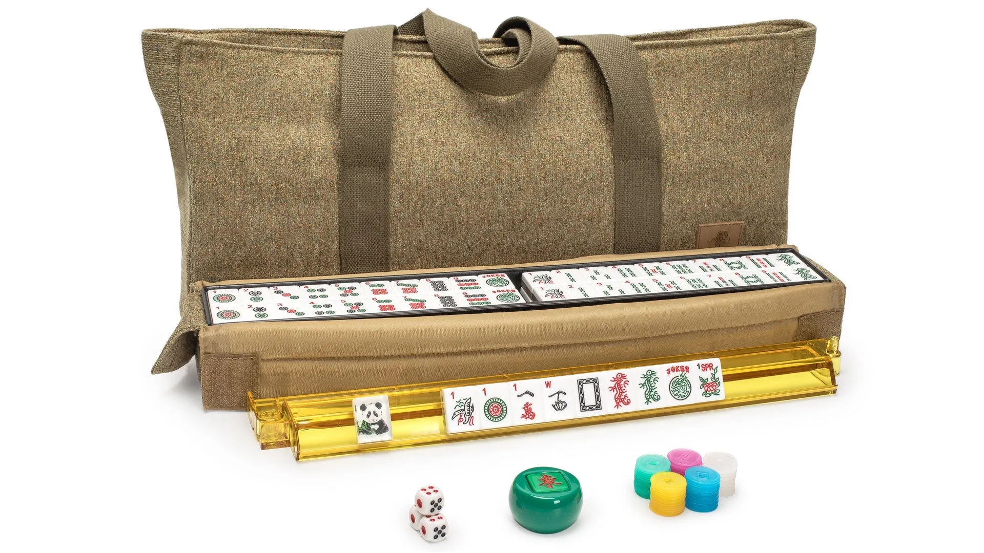 American Mahjong Game Set, "Panda" - with Earthy Green Soft Case, Racks with Pushers, Scoring Coins, Dice, & Wind Indicator