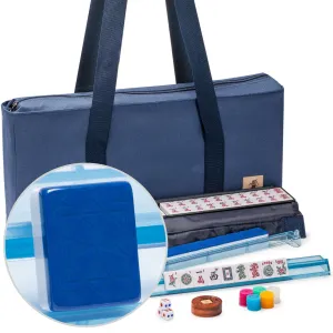 American Mahjong Game Set, "Santorini" with Blue Soft Case - Racks with Pushers, Scoring Coins, Dice, and Wind Indicator