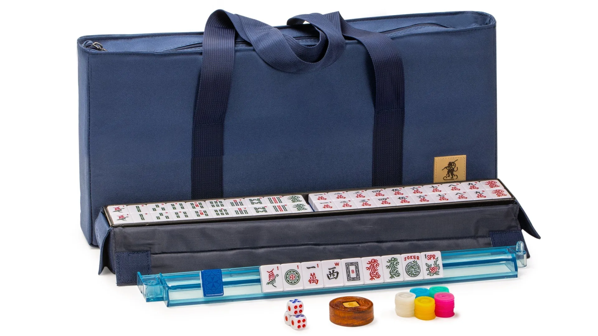 American Mahjong Game Set, "Santorini" with Blue Soft Case - Racks with Pushers, Scoring Coins, Dice, and Wind Indicator