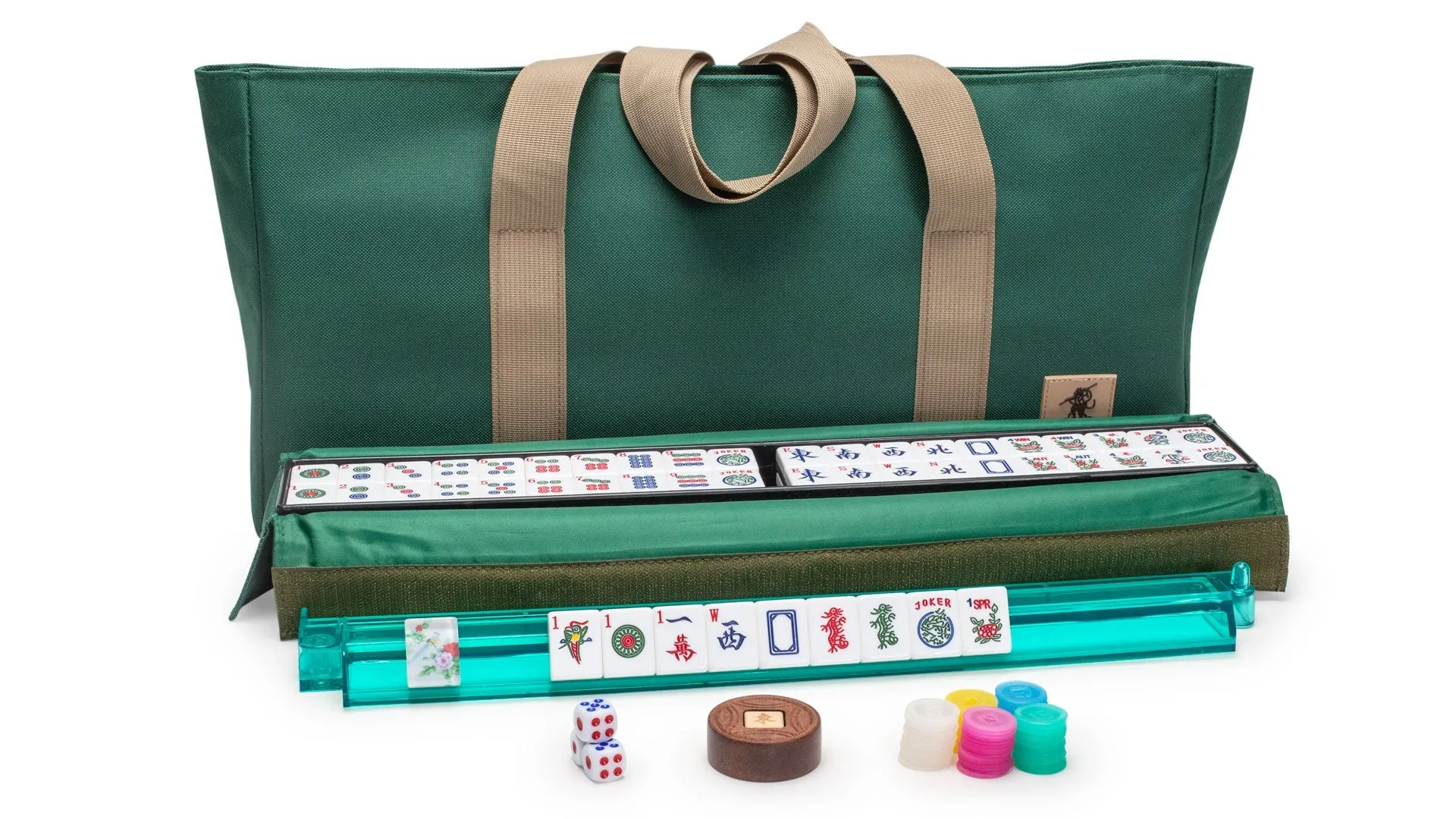 Deluxe American Mahjong Set with Blossoms Design - Soft Case, Racks with Pushers, Scoring Coins, Dice, and Wind Indicator