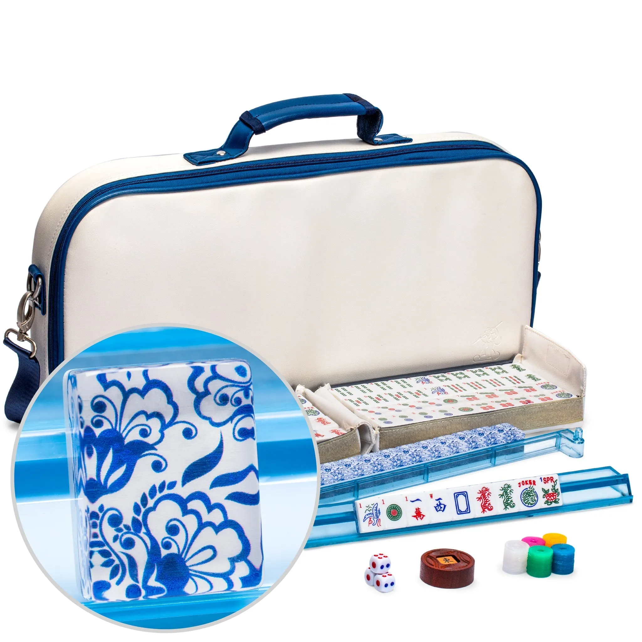 American Mahjong Set, "Chinoise" with Soft Leatherette Case - Racks with Pushers, Scoring Coins, Dice, and Wind Indicator