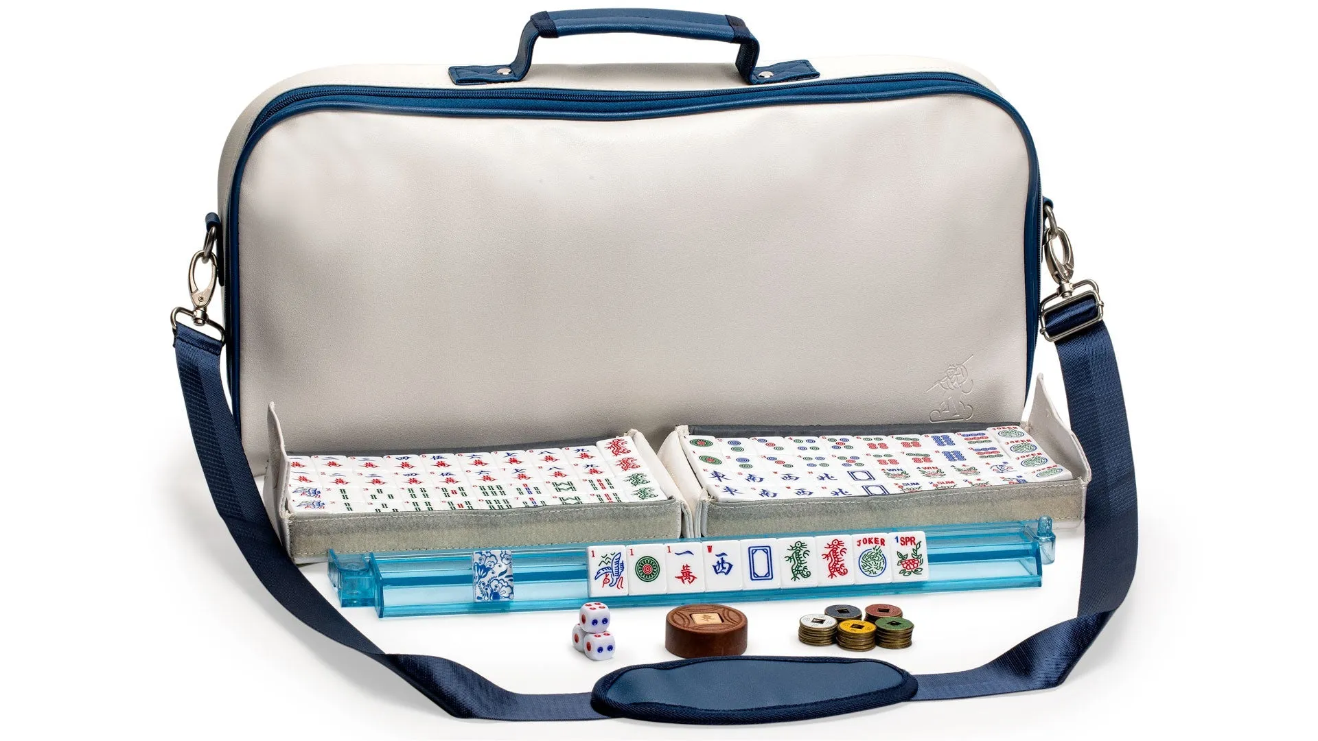 American Mahjong Set, "Chinoise" with Soft Leatherette Case - Racks with Pushers, Scoring Coins, Dice, and Wind Indicator