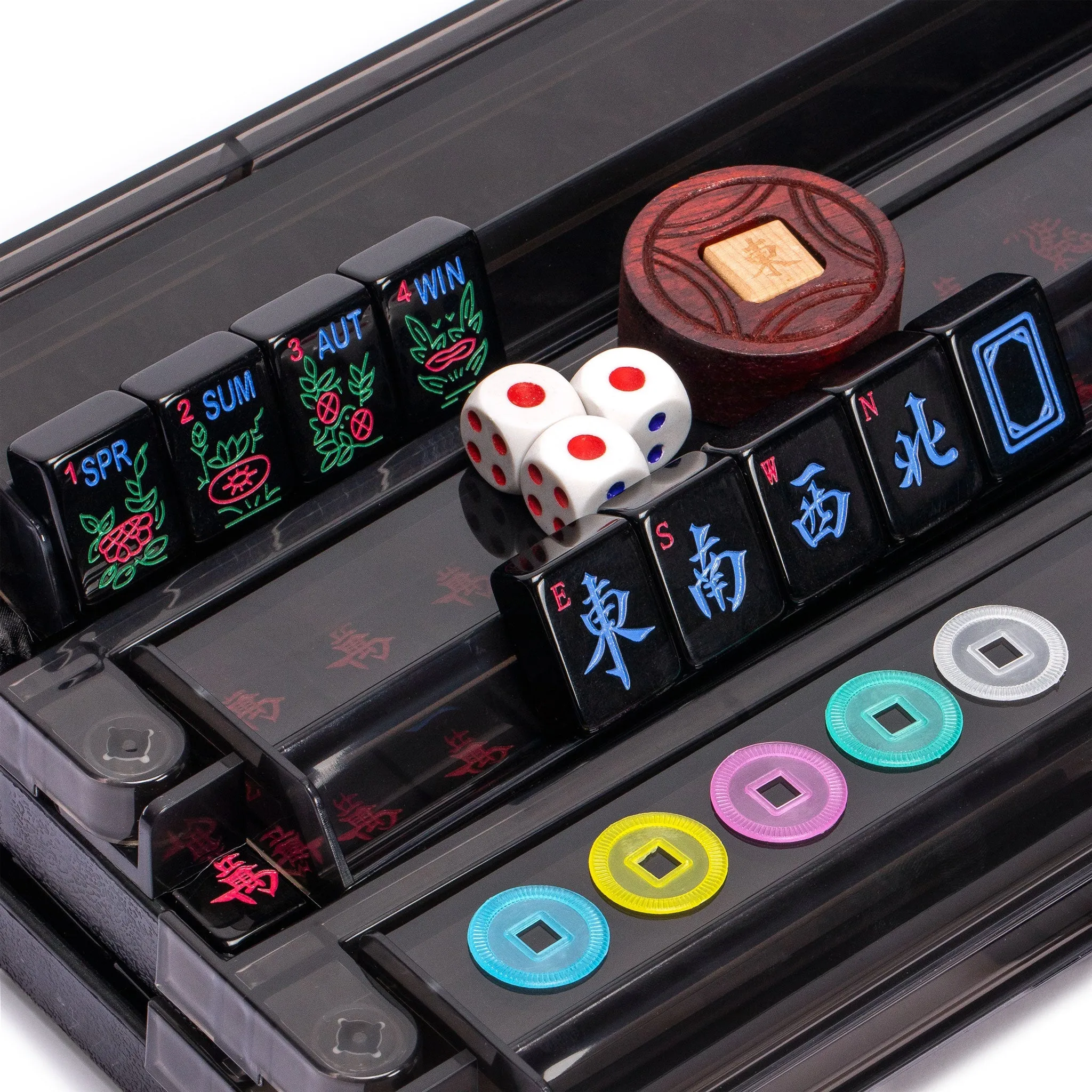 American Mahjong Set, "Deco" with Black Soft Case - All-in-One Racks with Pushers, Scoring Coins, Dice, and Wind Indicator