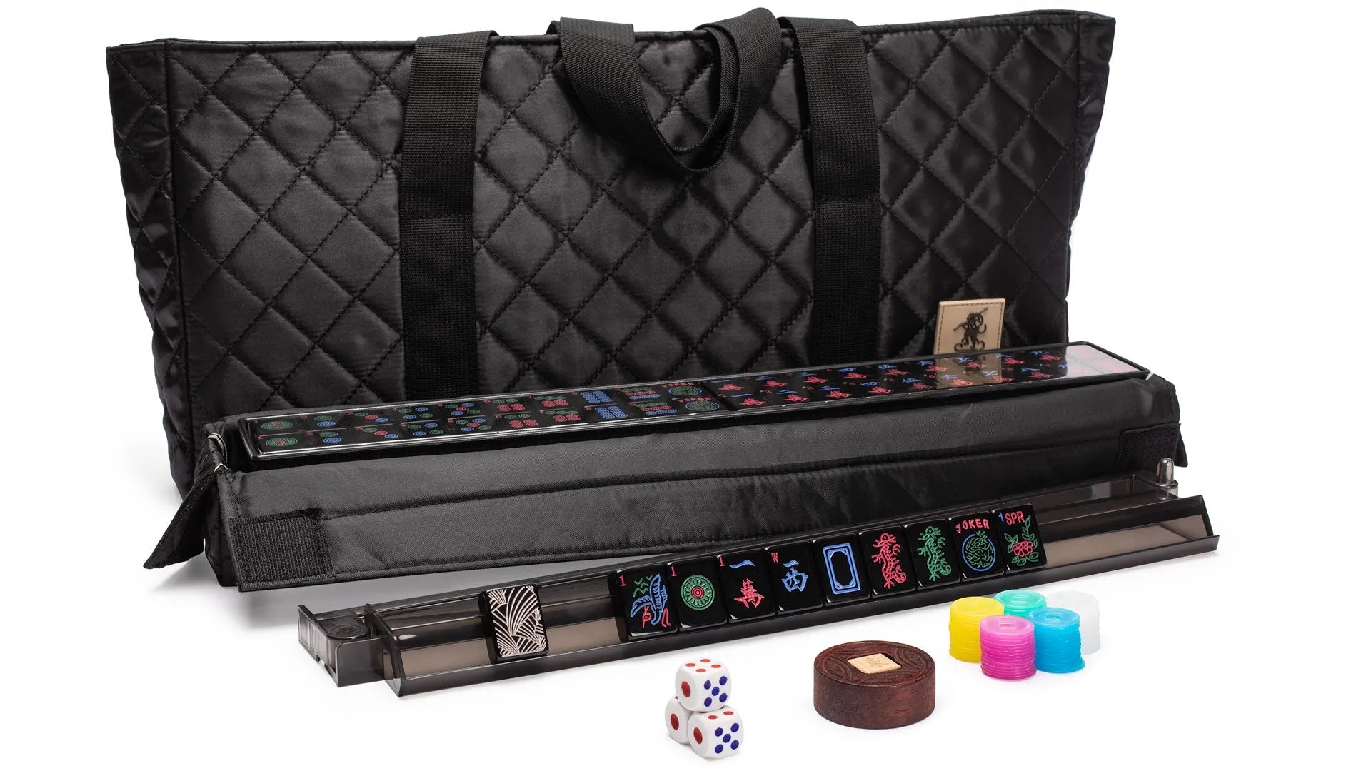 American Mahjong Set, "Deco" with Black Soft Case - All-in-One Racks with Pushers, Scoring Coins, Dice, and Wind Indicator