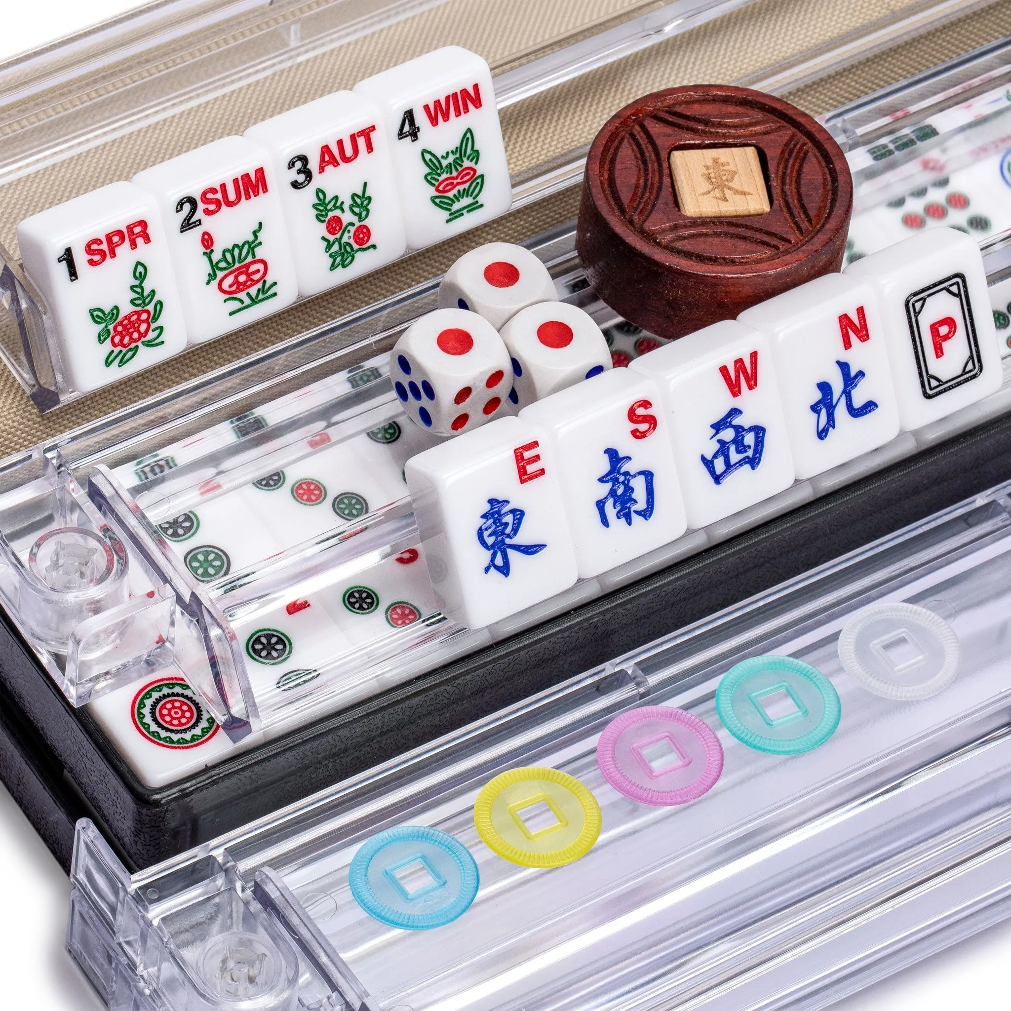 American Mahjong Set, "Easy Reader" with Beige Soft Case - Racks with Pushers, Scoring Coins, Dice, and Wind Indicator