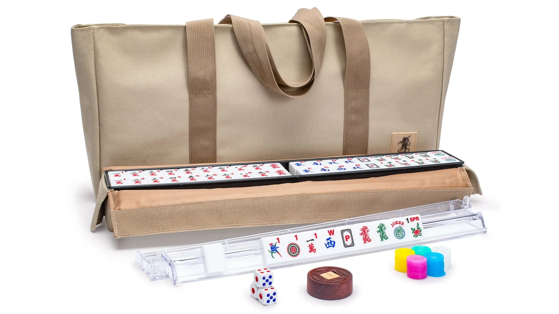 American Mahjong Set, "Easy Reader" with Beige Soft Case - Racks with Pushers, Scoring Coins, Dice, and Wind Indicator