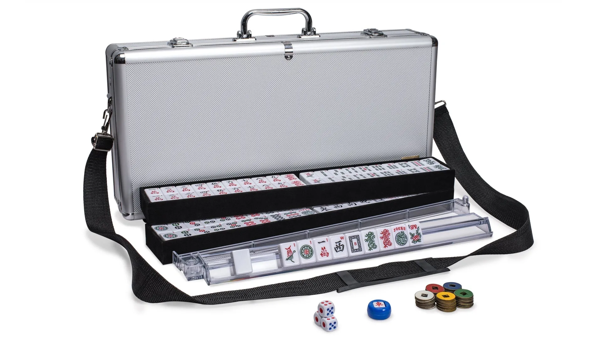 American Mahjong Set, "Elemental" with Aluminum Case - Racks with Pushers, Scoring Coins, Dice, and Wind Indicator