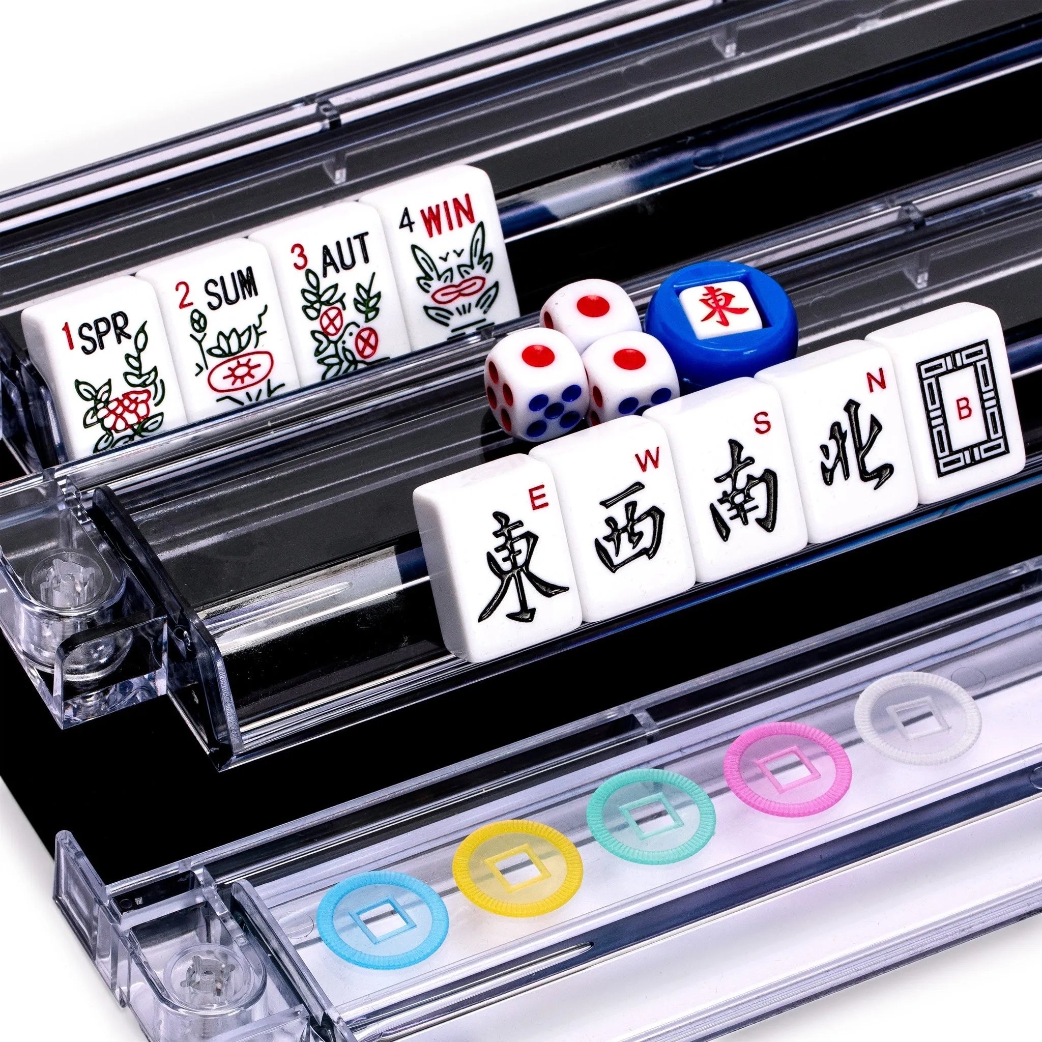 American Mahjong Set, "Elemental" with Aluminum Case - Racks with Pushers, Scoring Coins, Dice, and Wind Indicator