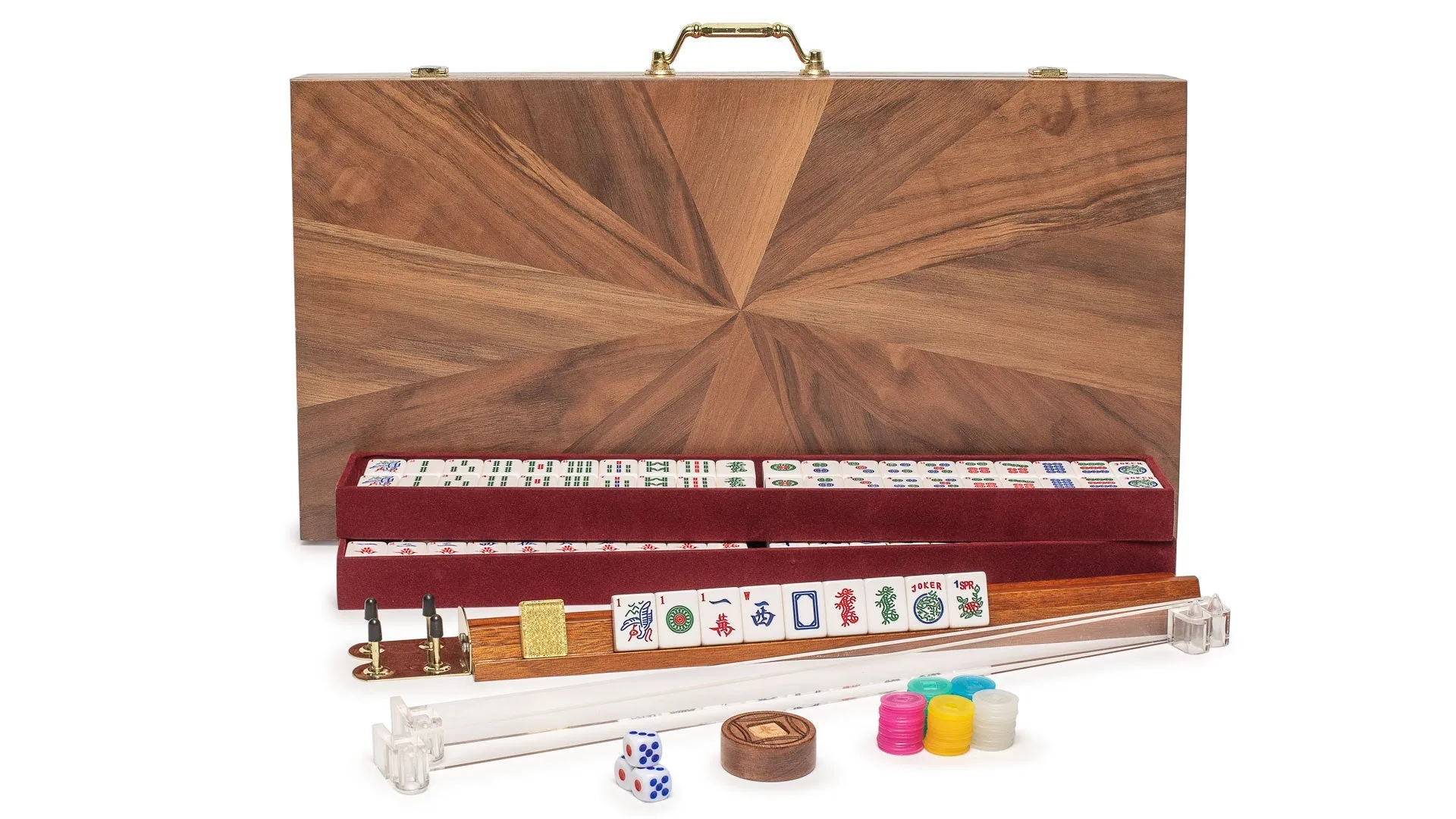 American Mahjong Set, "Golden Fortune" with Inlaid Wooden Case - Racks, Pushers, Scoring Coins, Dice, and Wind Indicator