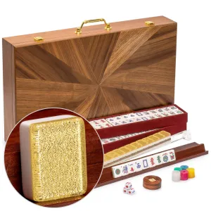 American Mahjong Set, "Golden Fortune" with Inlaid Wooden Case - Racks, Pushers, Scoring Coins, Dice, and Wind Indicator