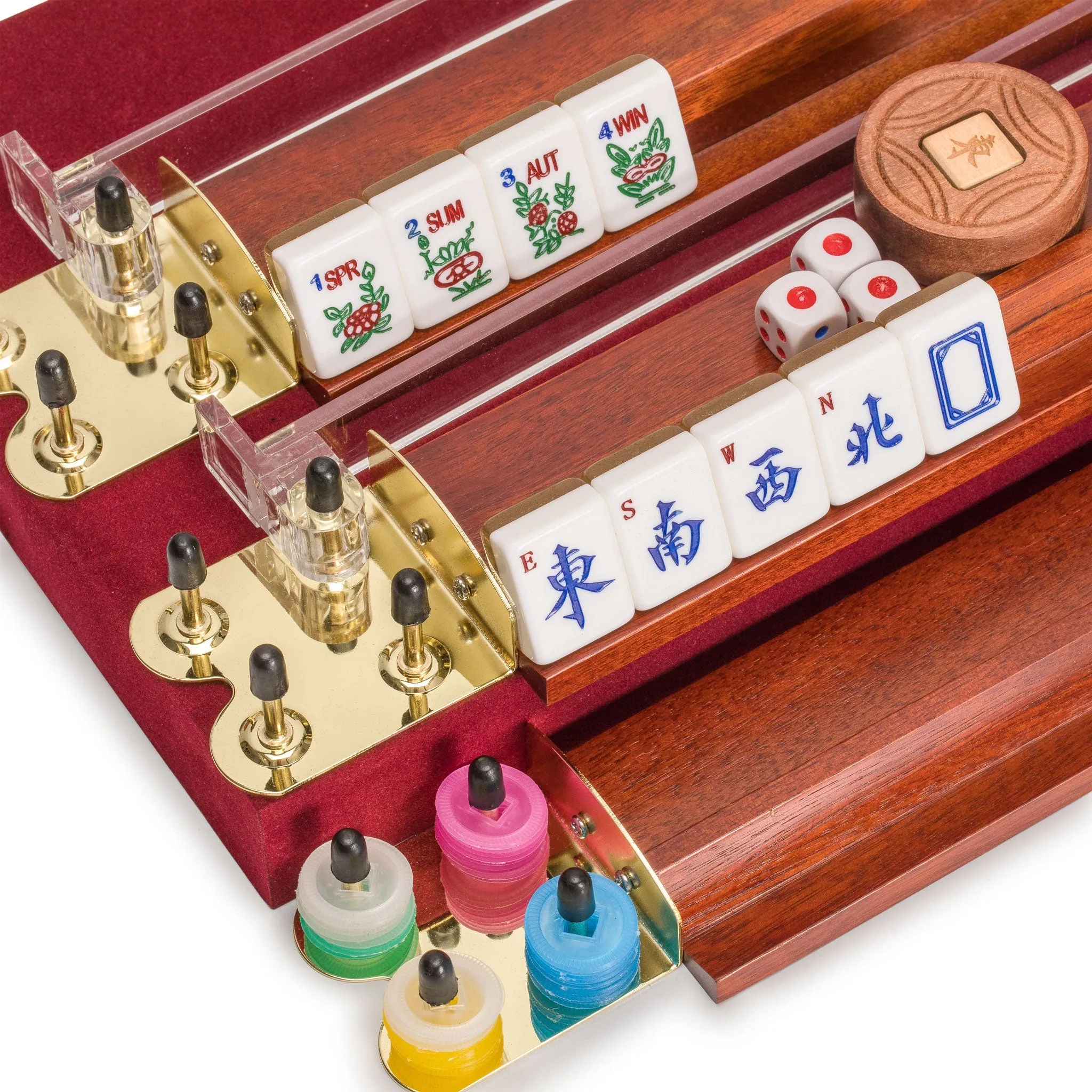 American Mahjong Set, "Golden Fortune" with Inlaid Wooden Case - Racks, Pushers, Scoring Coins, Dice, and Wind Indicator