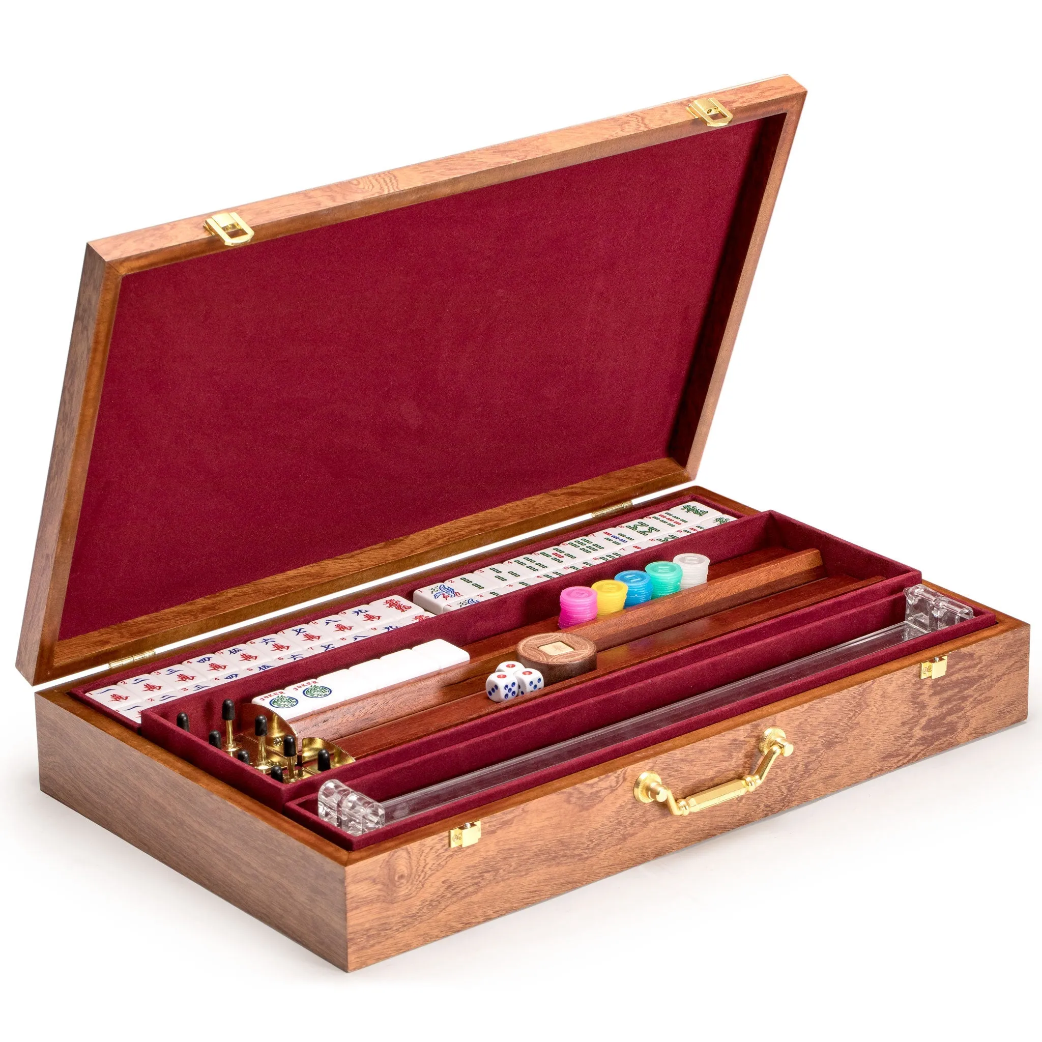 American Mahjong Set, "Golden Fortune" with Inlaid Wooden Case - Racks, Pushers, Scoring Coins, Dice, and Wind Indicator