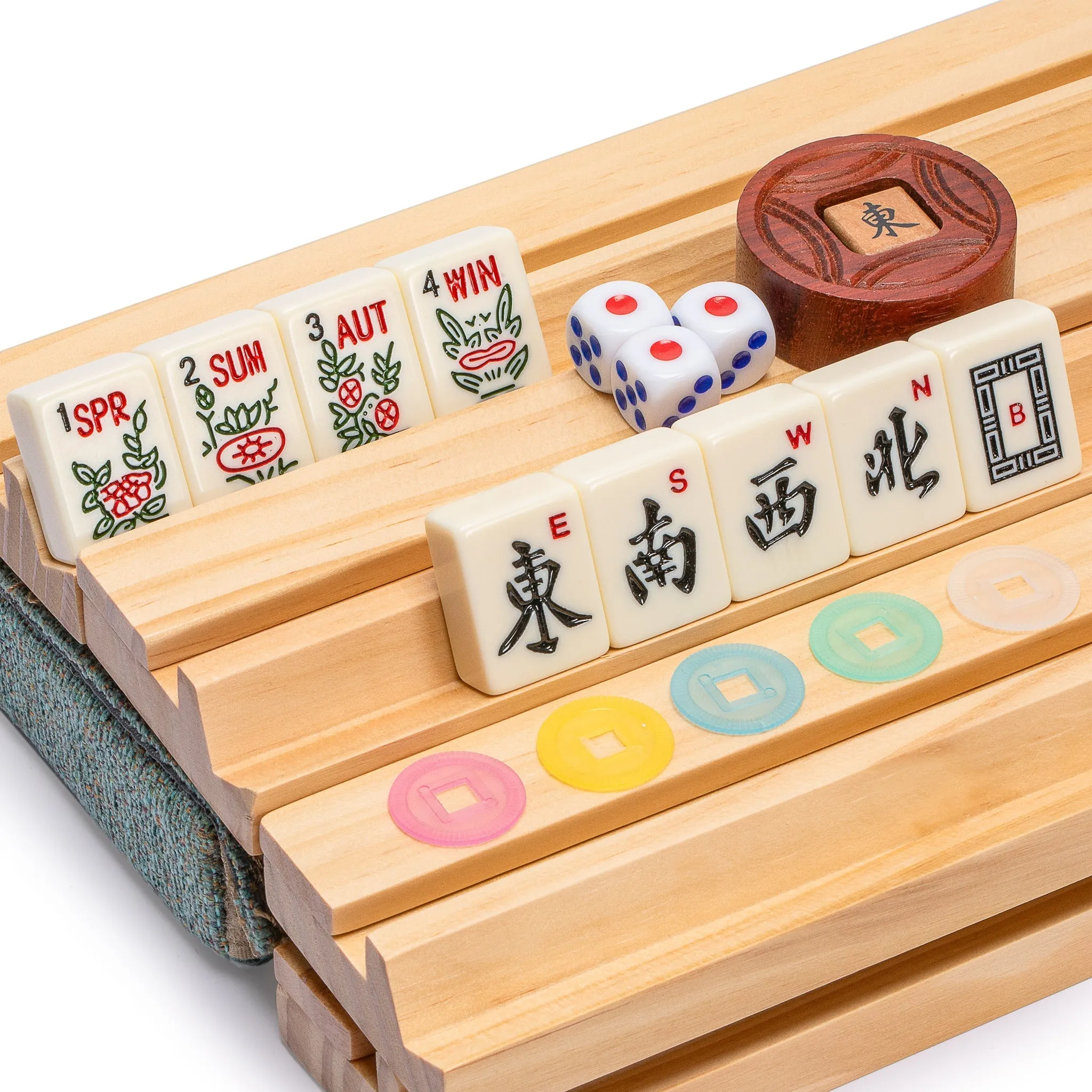 American Mahjong Set, "Heather" with Soft Case - Racks with Pushers, Scoring Coins, Dice, and Wind Indicator