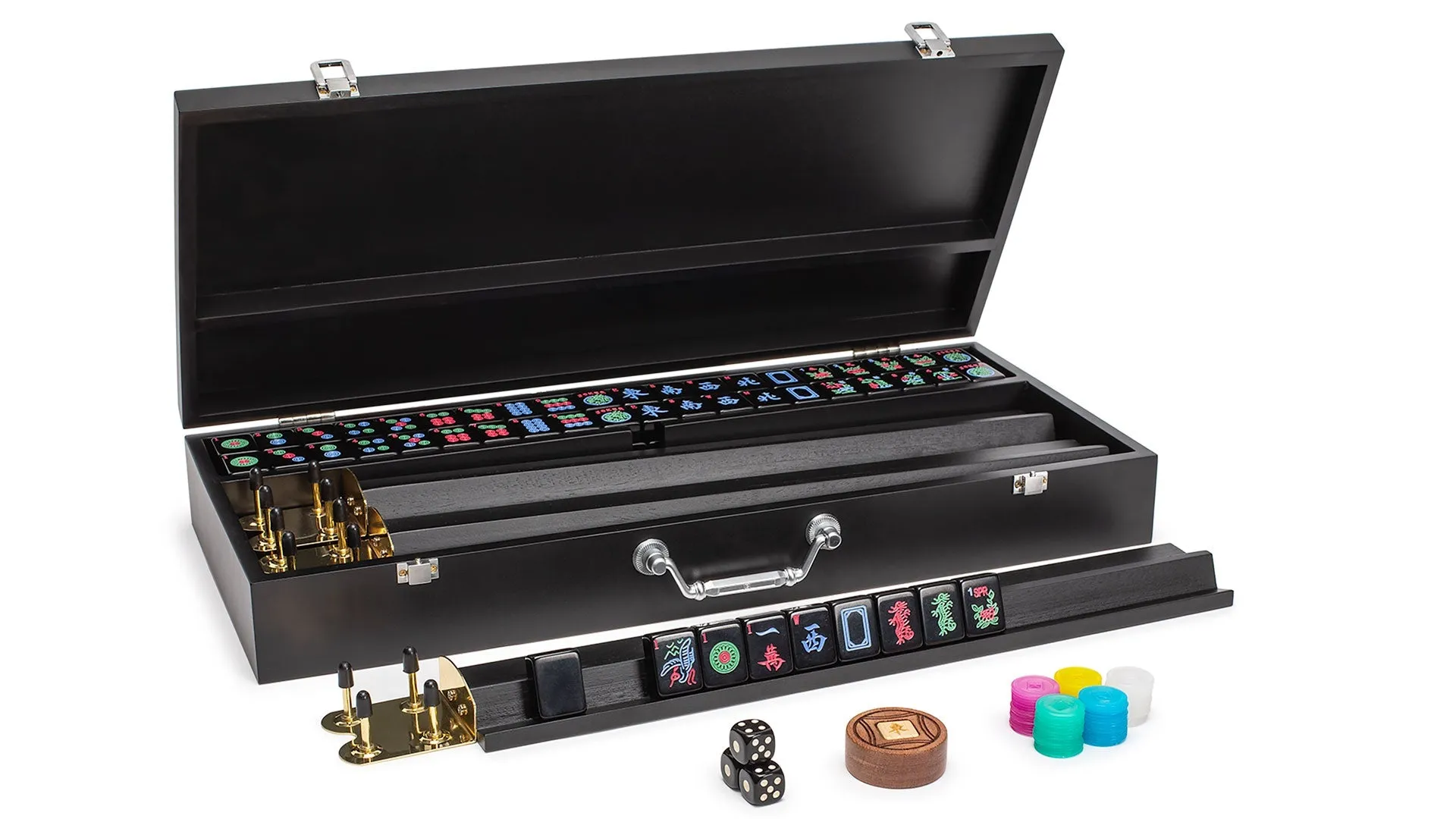 American Mahjong Set, "Jet Set" with Wooden Case - 4 Wooden Racks, Scoring Coins, Dice, and Wind Indicator