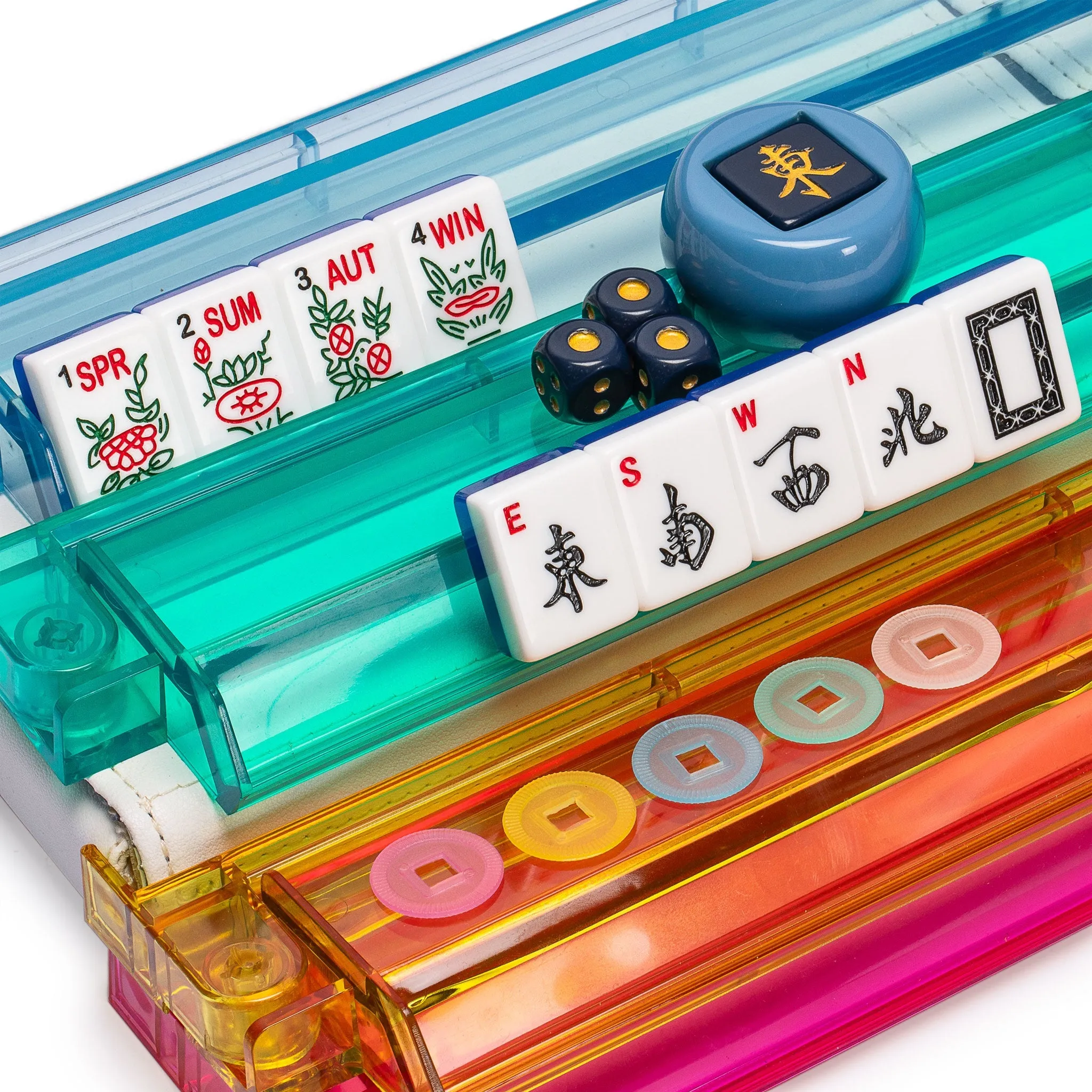 American Mahjong Set, "Koi Fish" with Soft White Leatherette Case, Four Acrylic All-in-One Racks with Pushers, Wind Indicator, Dice, Scoring Coins