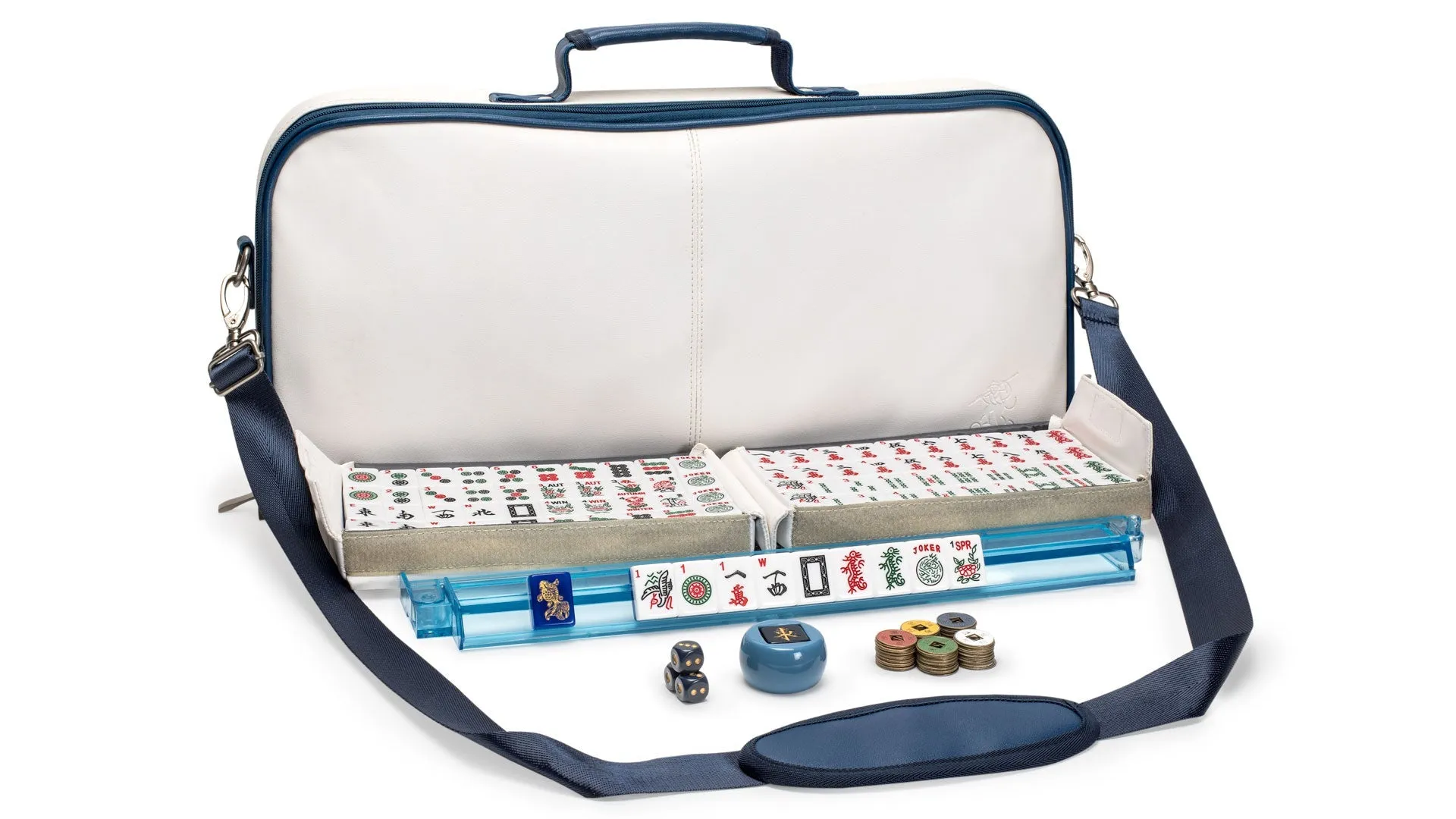 American Mahjong Set, "Koi Fish" with Soft White Leatherette Case, Four Acrylic All-in-One Racks with Pushers, Wind Indicator, Dice, Scoring Coins