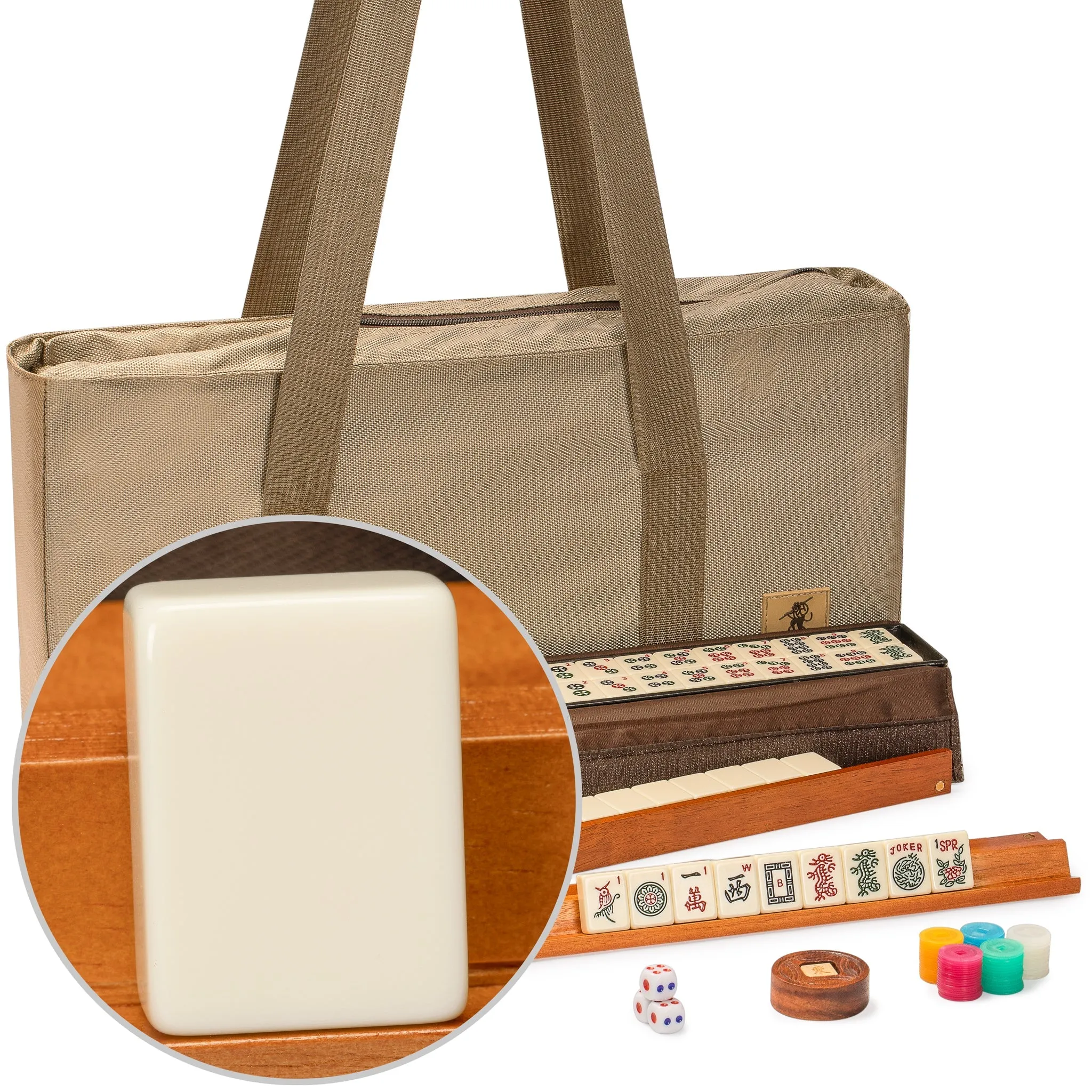 American Mahjong Set, "Mojave" (Ivory) with Brown Soft Case -  Racks with Pushers, Scoring Coins, Dice, & Wind Indicator