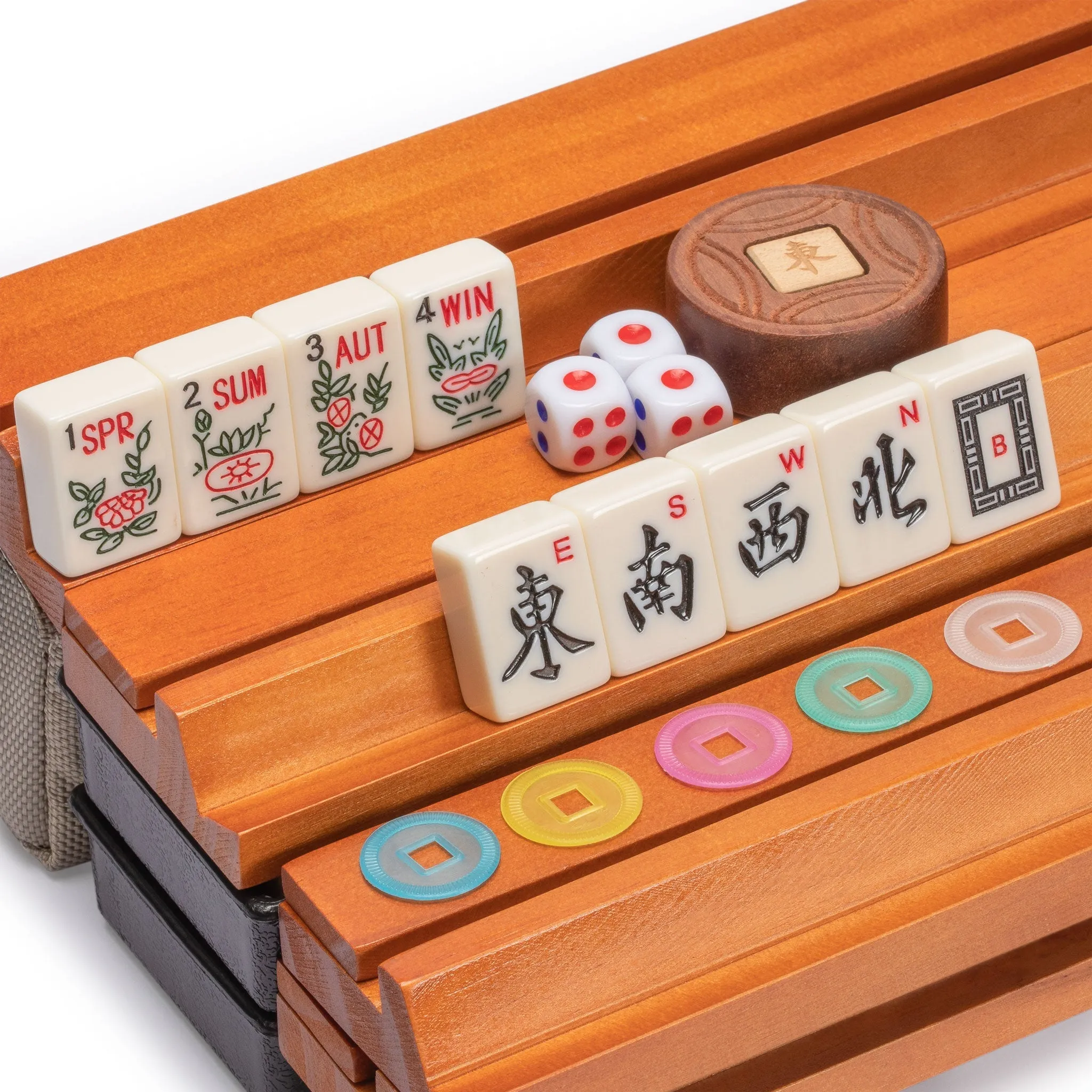 American Mahjong Set, "Mojave" (Ivory) with Brown Soft Case -  Racks with Pushers, Scoring Coins, Dice, & Wind Indicator