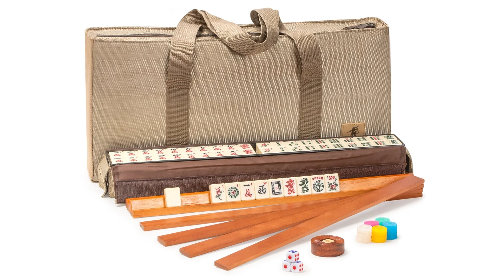 American Mahjong Set, "Mojave" (Ivory) with Brown Soft Case -  Racks with Pushers, Scoring Coins, Dice, & Wind Indicator