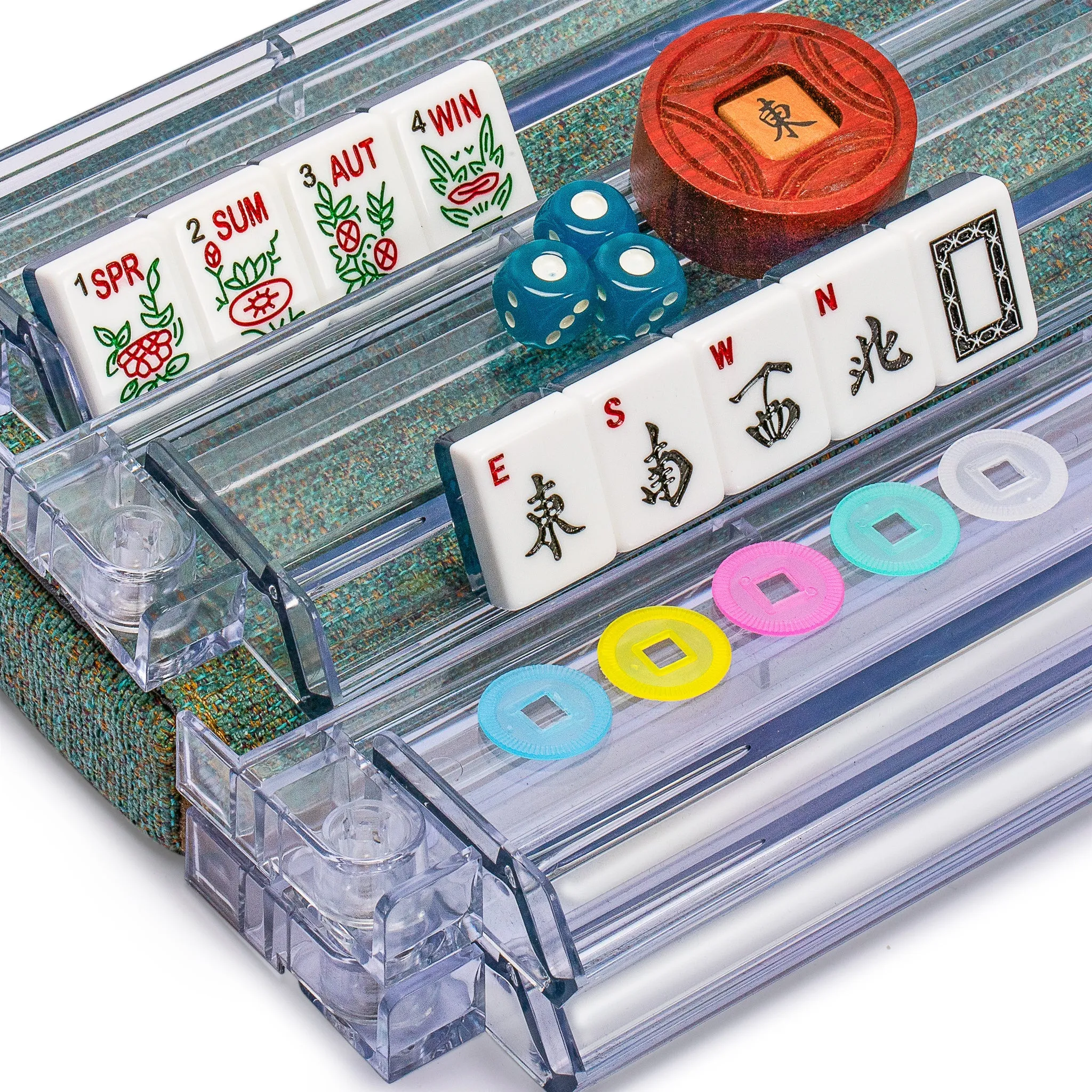 American Mahjong Set, "Oceana" with Heather Teal Soft Case - Racks with Pushers, Scoring Coins, Dice, and Wind Indicator