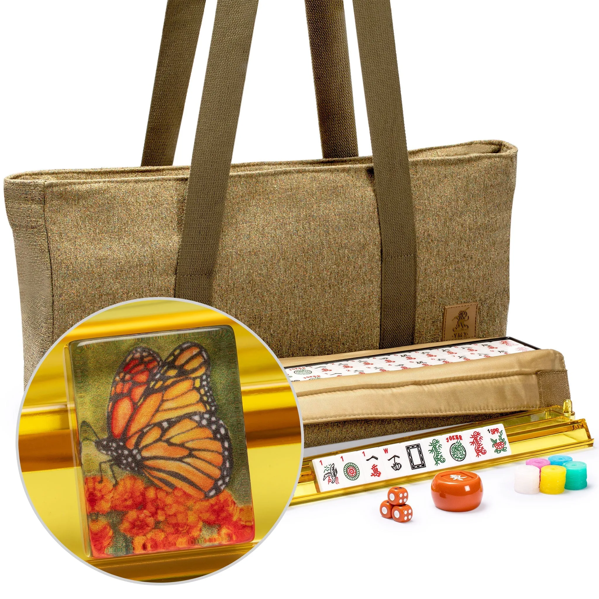 American Mahjong Set, "Papillon" - with Olive Green Soft Case - Racks with Pushers, Scoring Coins, Dice, & Wind Indicator