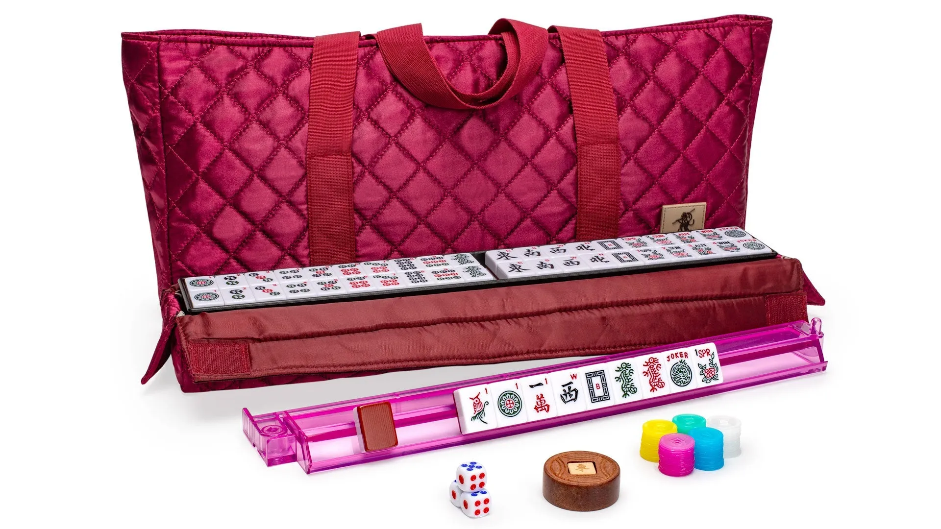 American Mahjong Set, "Pattaya" with Brandy Red Soft Case - Racks with Pushers, Scoring Coins, Dice, and Wind Indicator