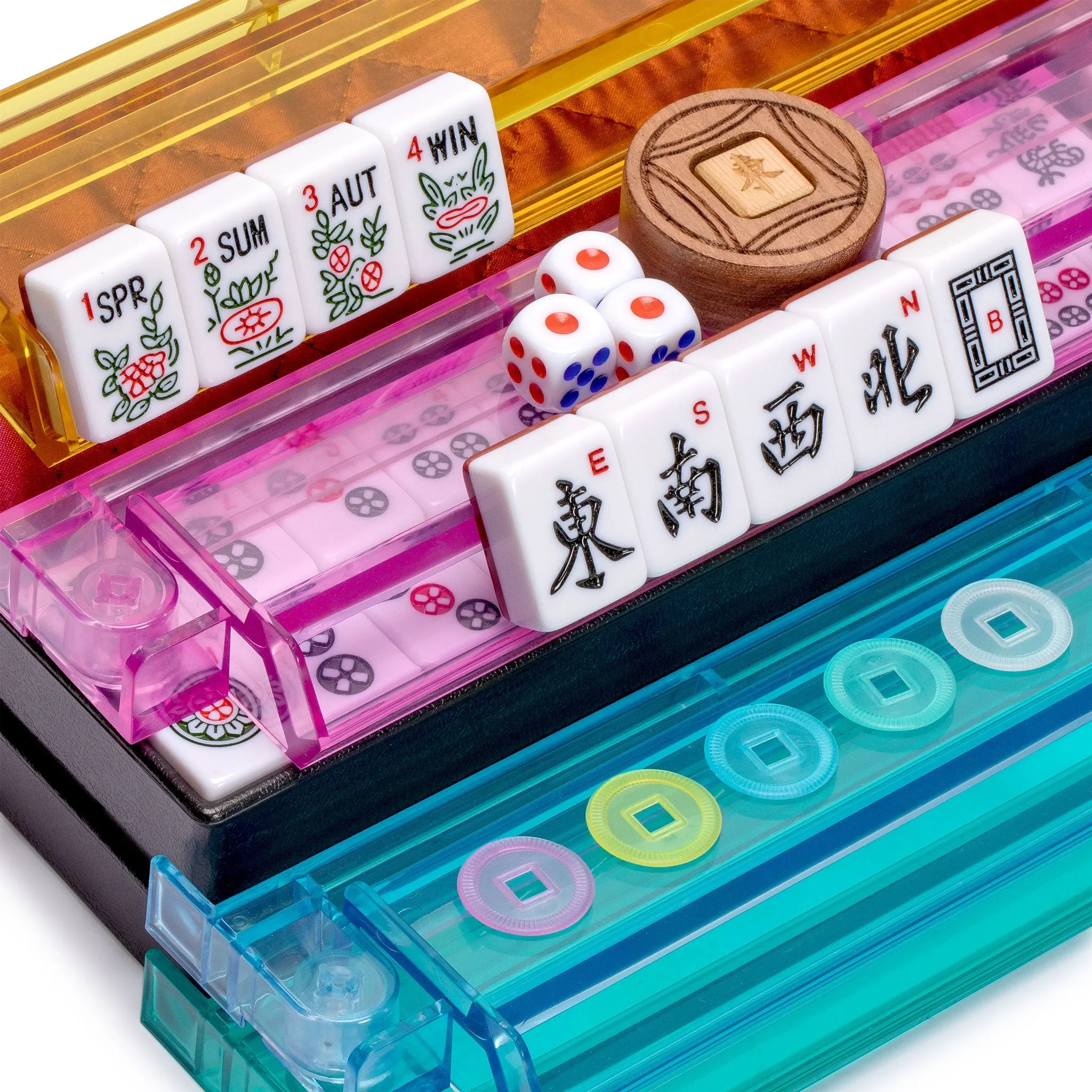 American Mahjong Set, "Pattaya" with Brandy Red Soft Case - Racks with Pushers, Scoring Coins, Dice, and Wind Indicator