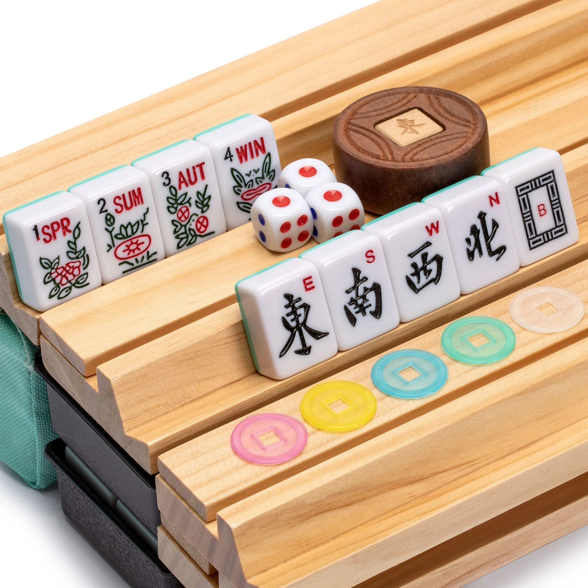 American Mahjong Set, "Pepper" with Pepper Green Soft Case - Racks with Pushers, Scoring Coins, Dice, and Wind Indicator