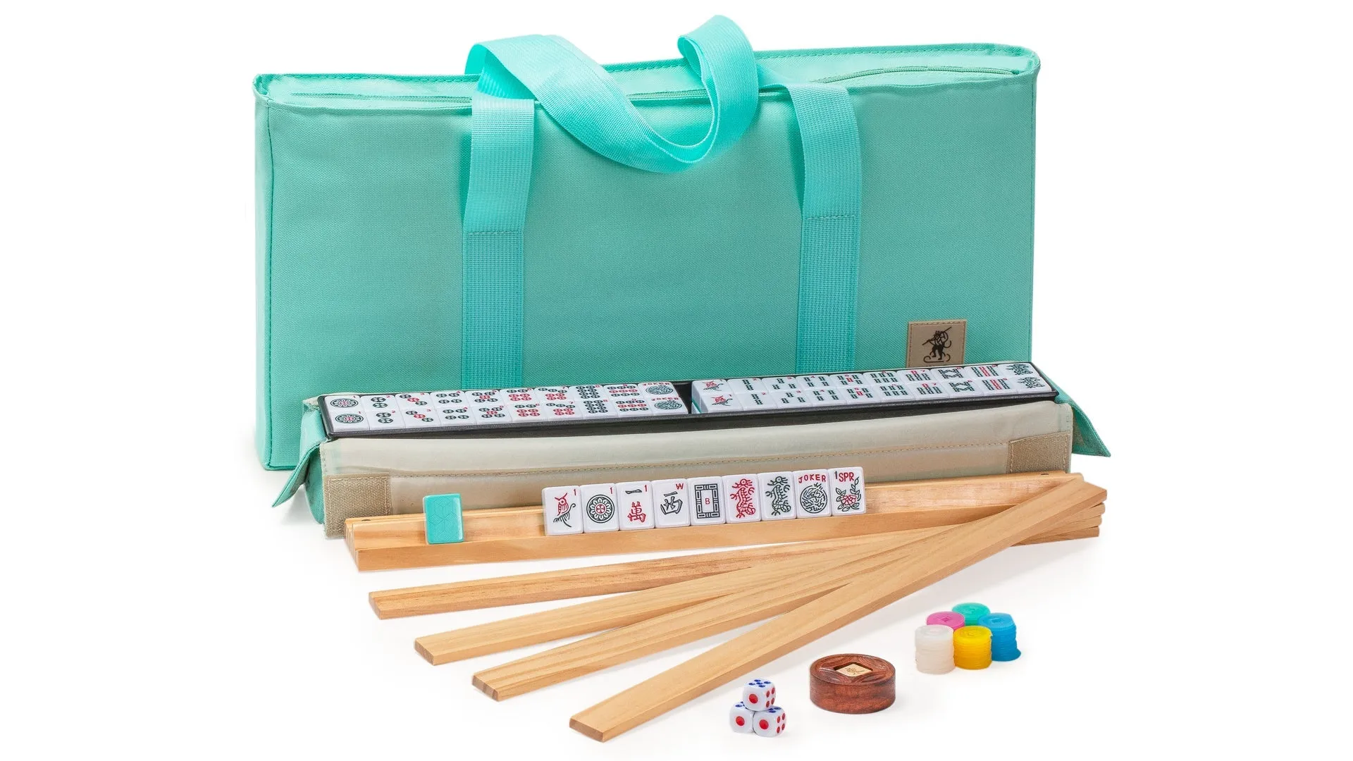 American Mahjong Set, "Pepper" with Pepper Green Soft Case - Racks with Pushers, Scoring Coins, Dice, and Wind Indicator