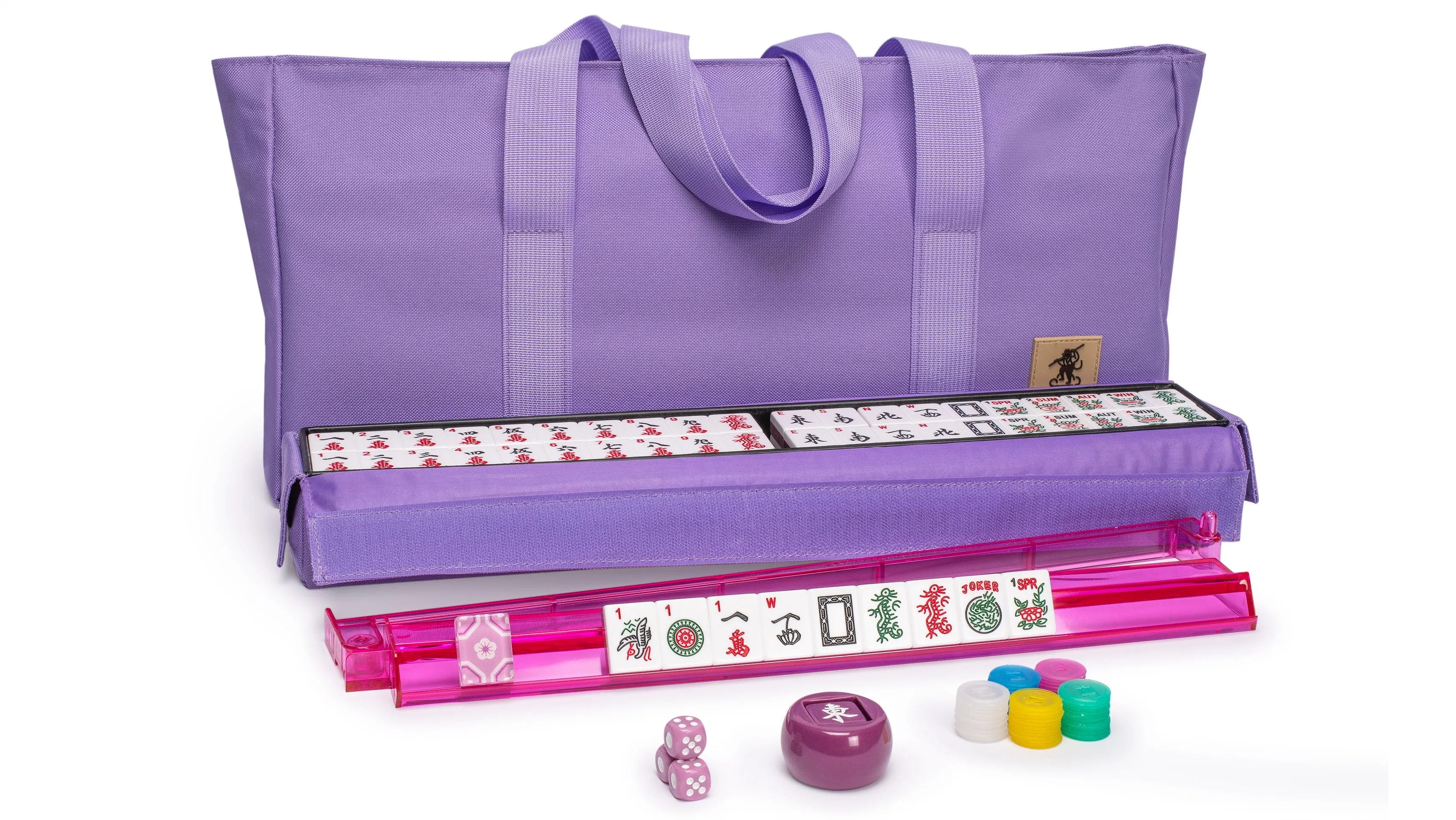 American Mahjong Set, "Sakura" with Purple Soft Case - Racks with Pushers, Scoring Coins, Dice, and Wind Indicator