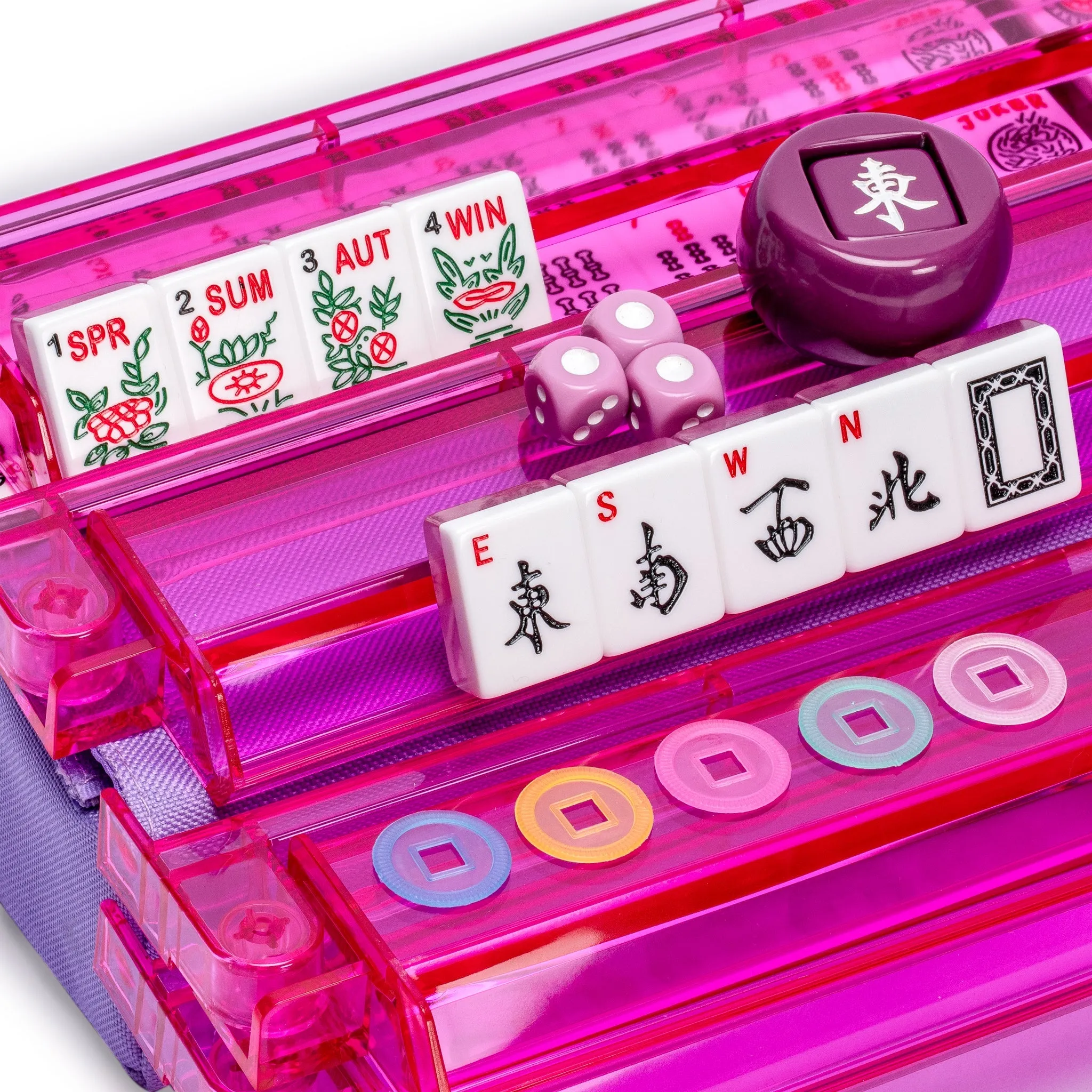 American Mahjong Set, "Sakura" with Purple Soft Case - Racks with Pushers, Scoring Coins, Dice, and Wind Indicator