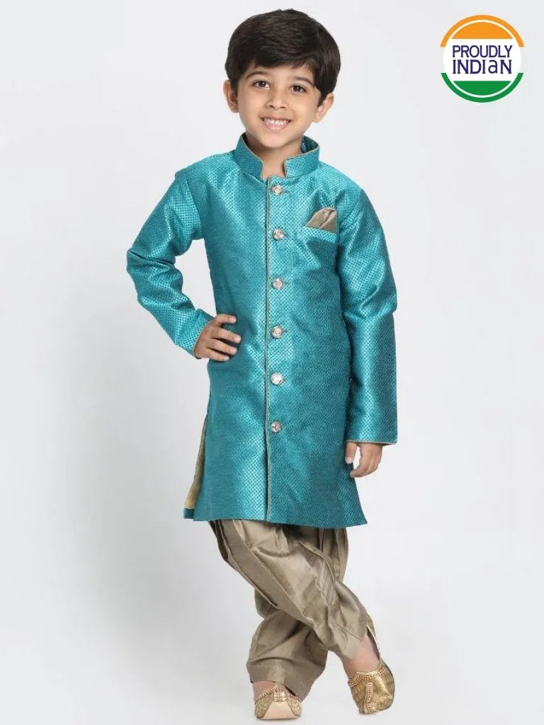 Boys' Green Jute Silk Blend Sherwani Set