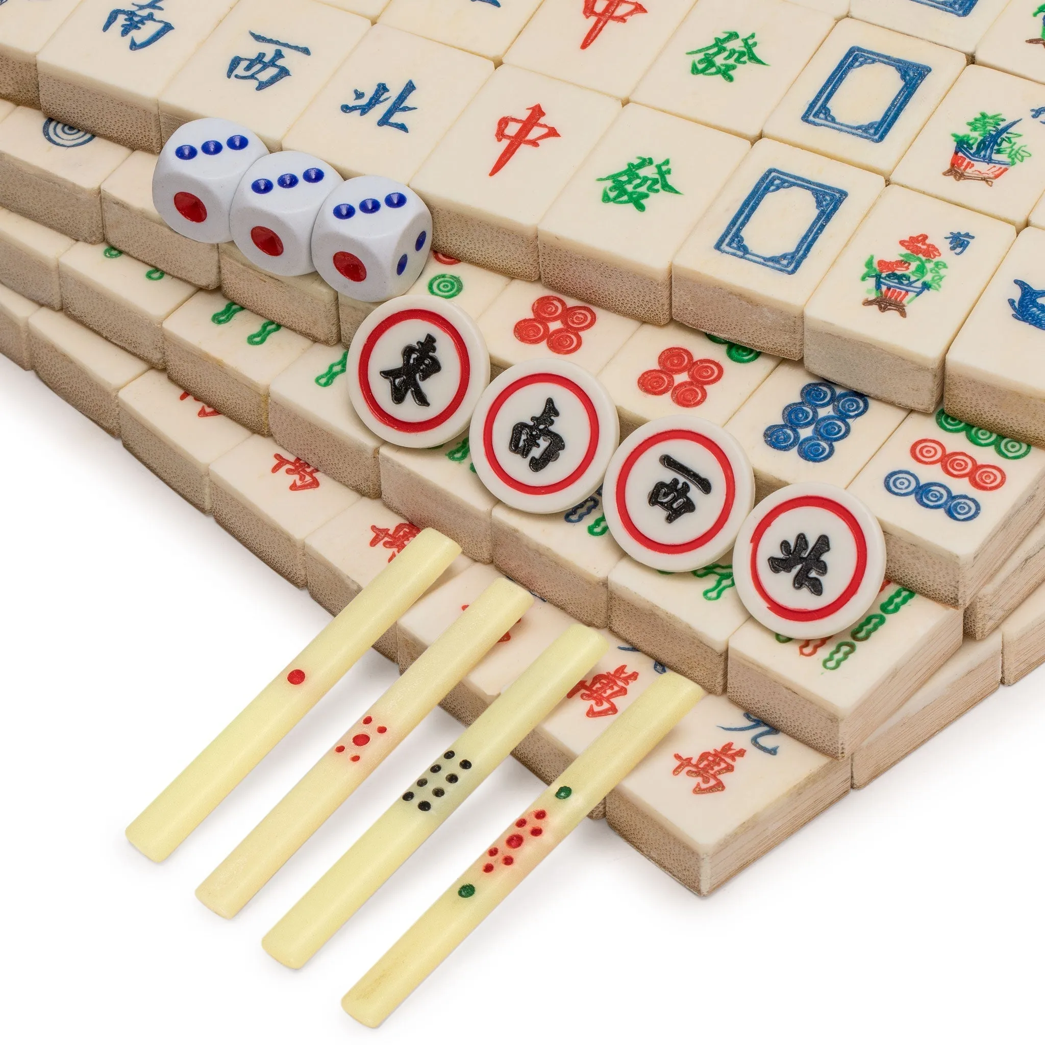 Chinese Mahjong Bone and Bamboo Tiles - Vintage "Qilin Kirin" Set