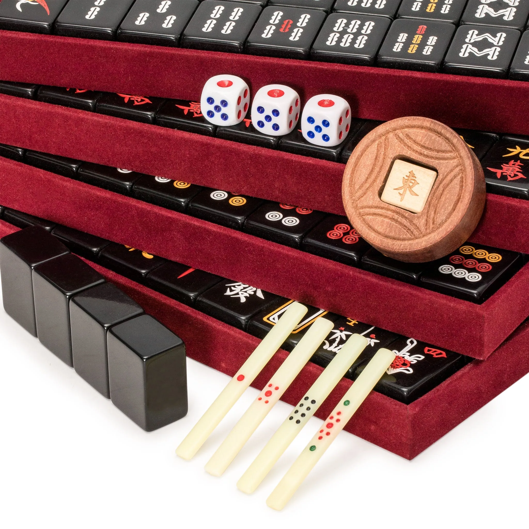 Chinese Mahjong Game Set, "Jet Set" with 148 Small-Size Black Tiles and Wooden Case