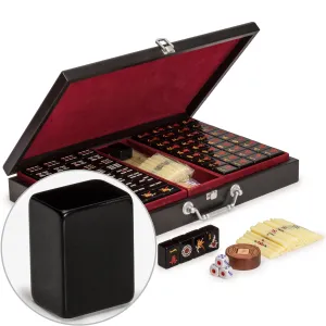 Chinese Mahjong Game Set, "Jet Set" with 148 Small-Size Black Tiles and Wooden Case