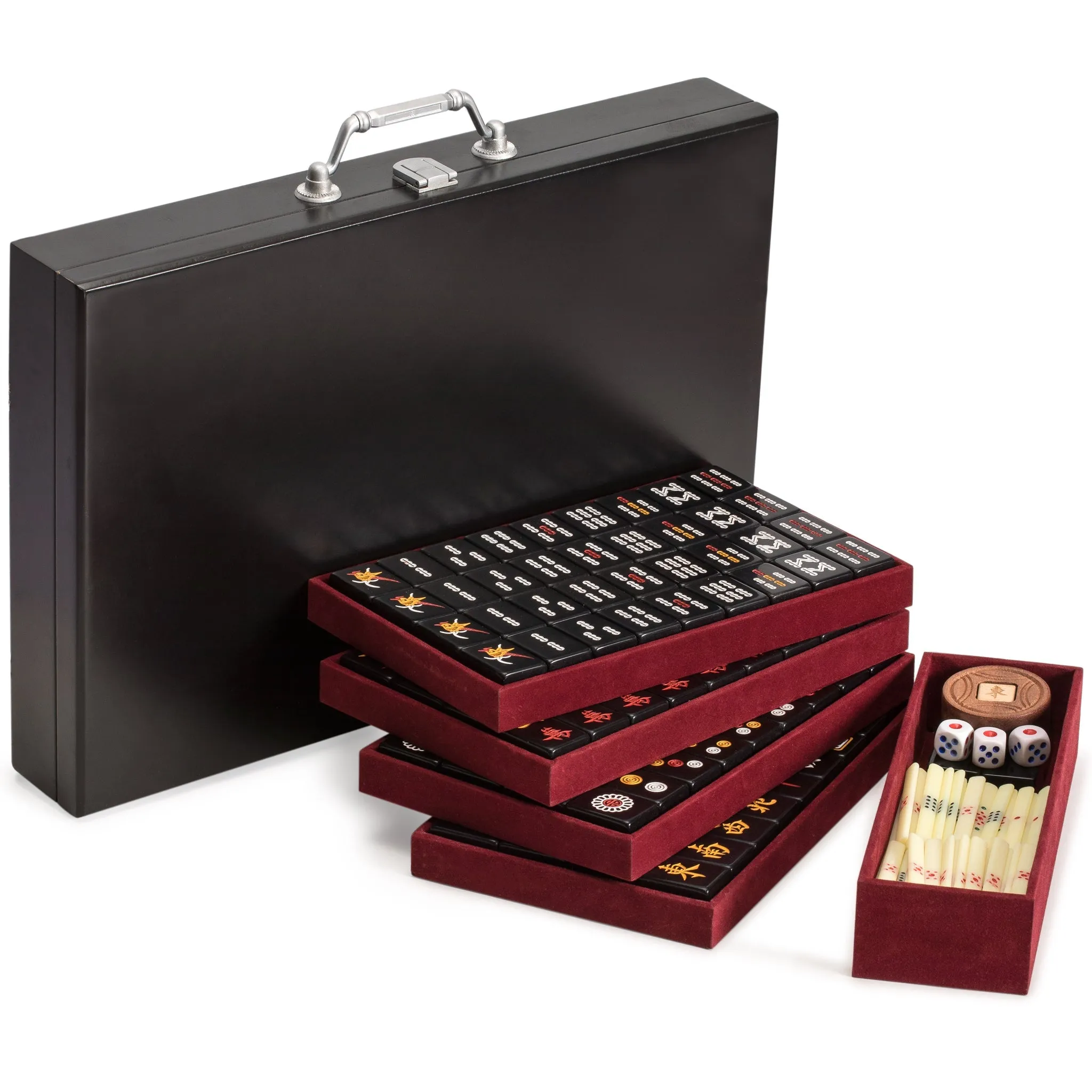 Chinese Mahjong Game Set, "Jet Set" with 148 Small-Size Black Tiles and Wooden Case