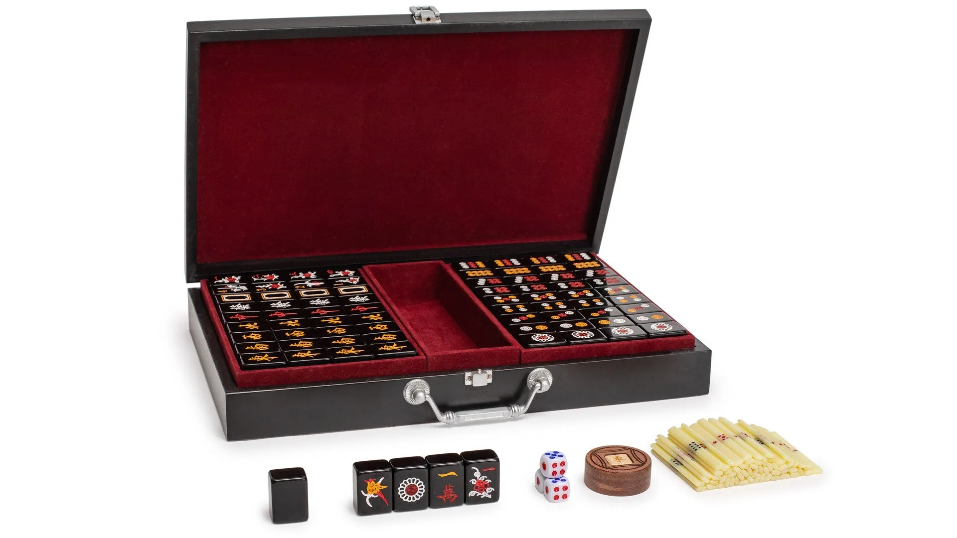 Chinese Mahjong Game Set, "Jet Set" with 148 Small-Size Black Tiles and Wooden Case