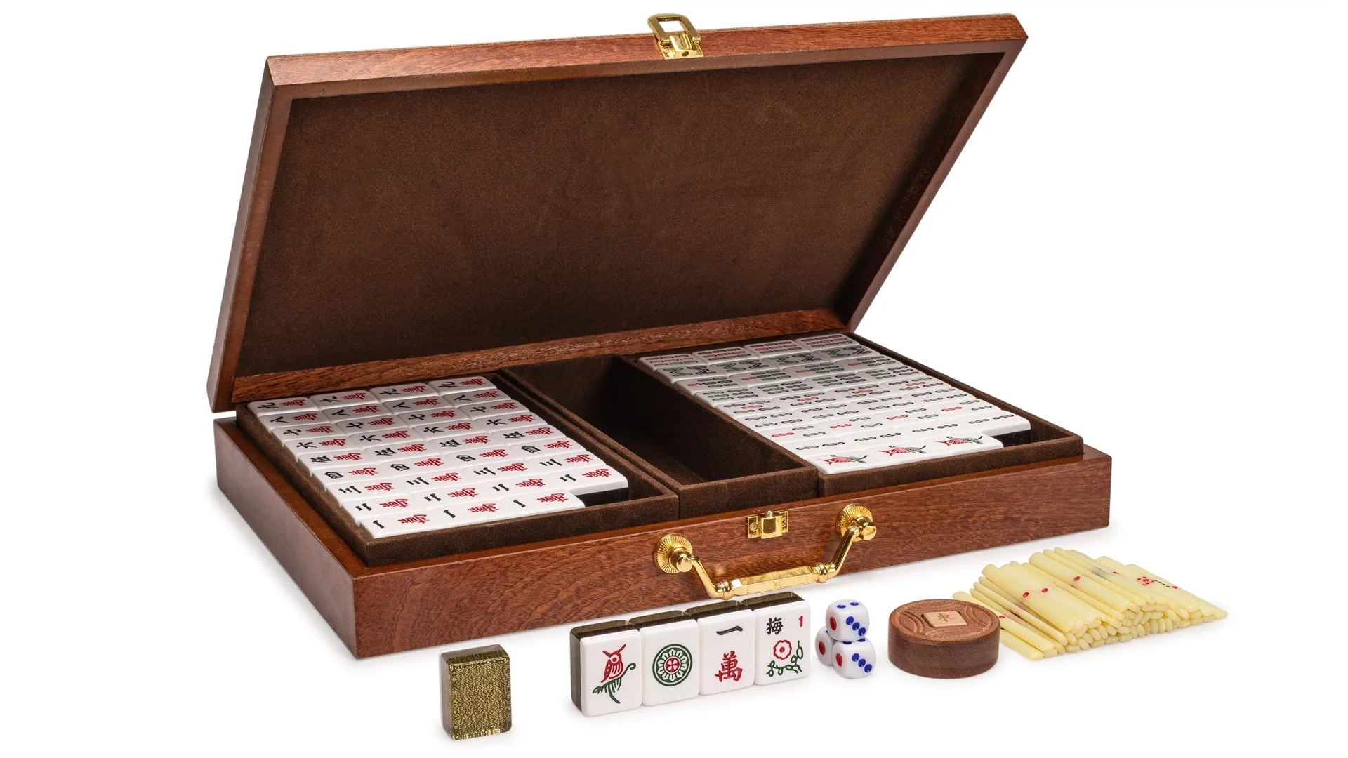 Chinese Mahjong, "Elvis Gold" with Wooden Case - Set of Betting Sticks, Wooden Spinner & Dice