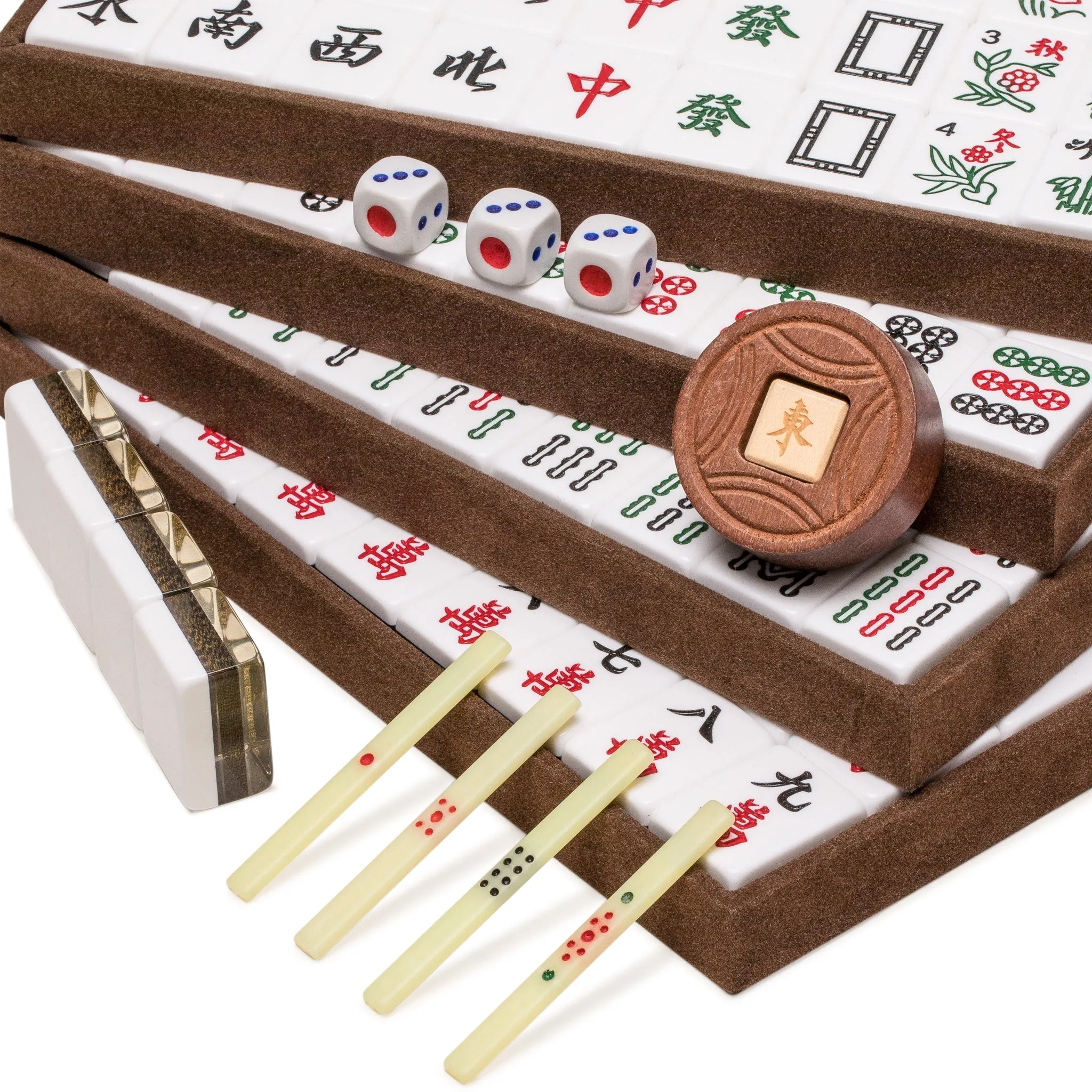 Chinese Mahjong, "Elvis Gold" with Wooden Case - Set of Betting Sticks, Wooden Spinner & Dice