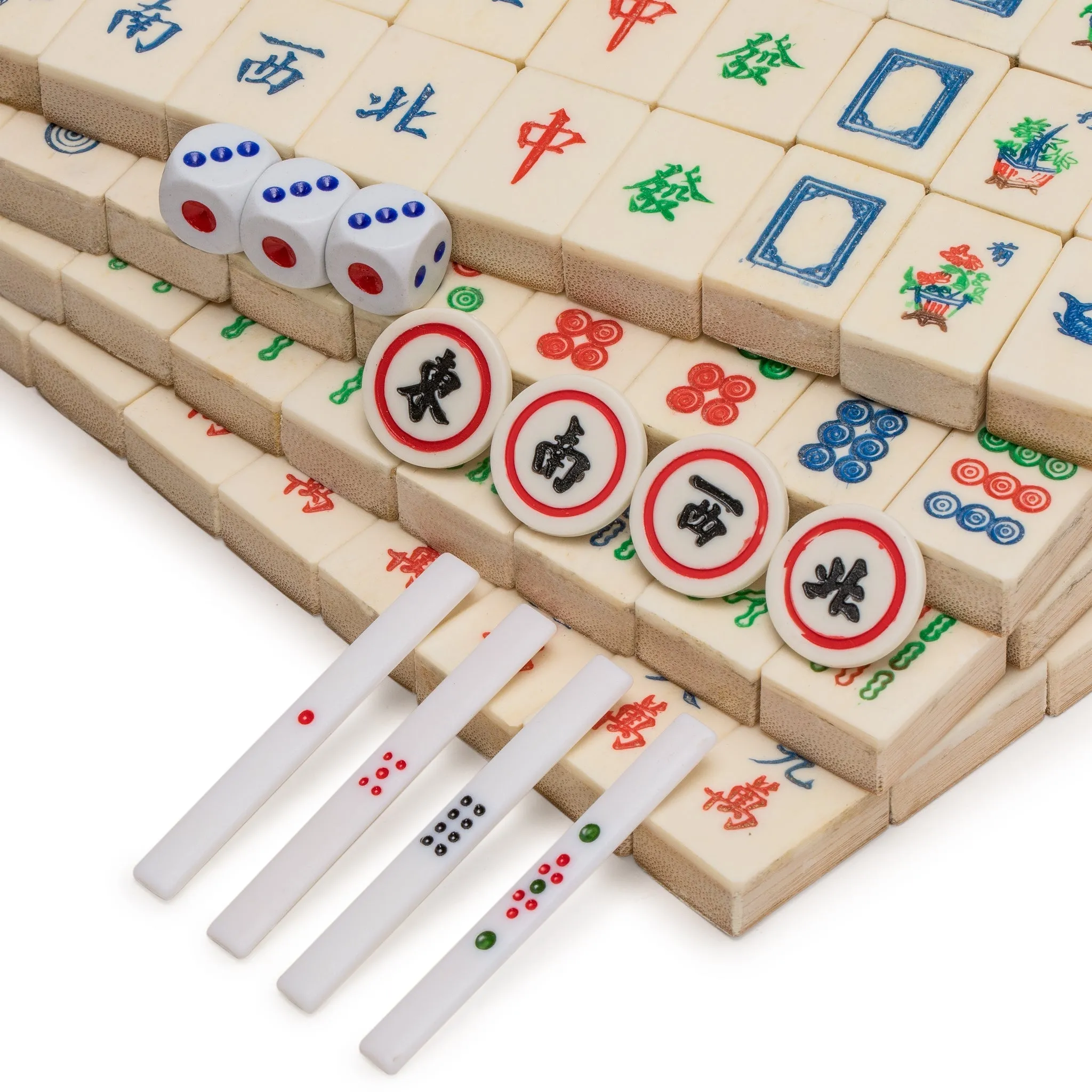 Chinese Mahjong Set, "Bone and Bamboo Tiles" in Rosewood Case - Set Of Betting Sticks, Dice, & Four Wind Tiles