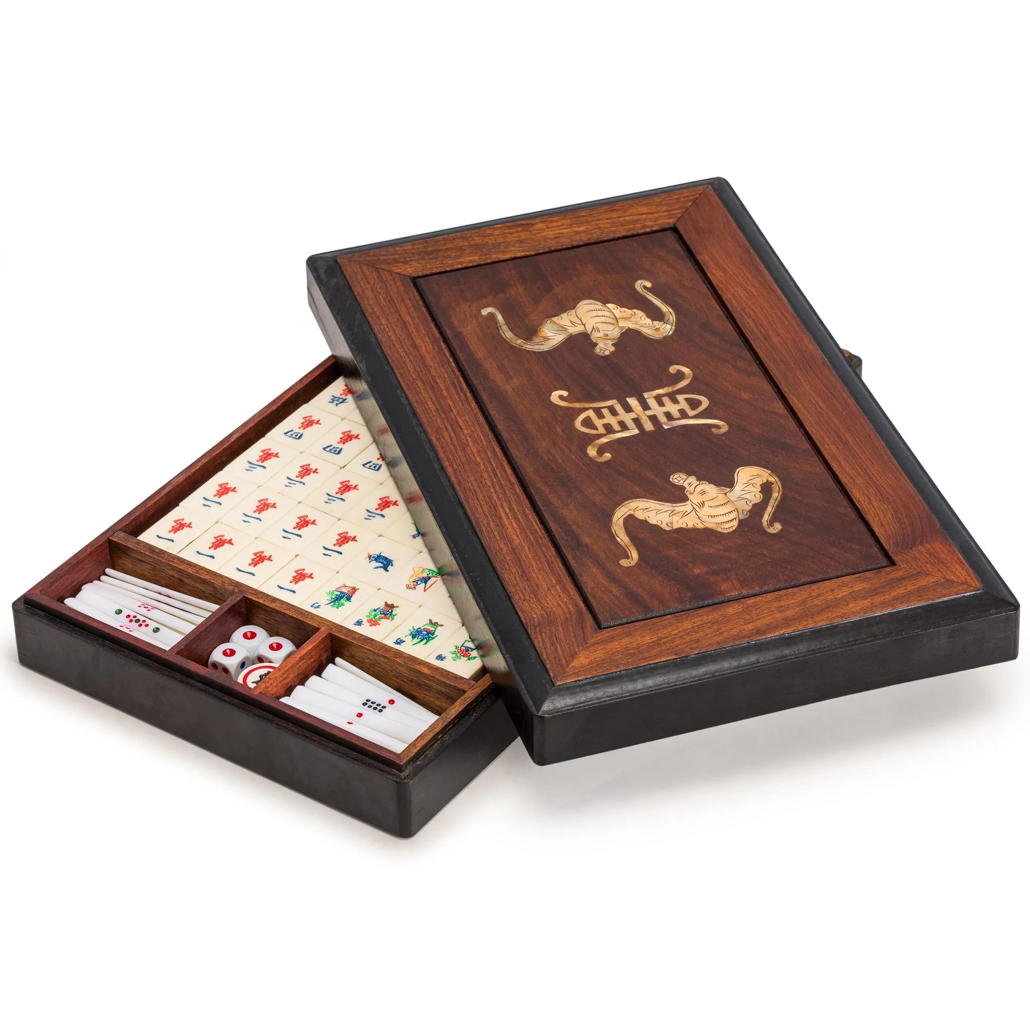 Chinese Mahjong Set, "Bone and Bamboo Tiles" in Rosewood Case - Set Of Betting Sticks, Dice, & Four Wind Tiles