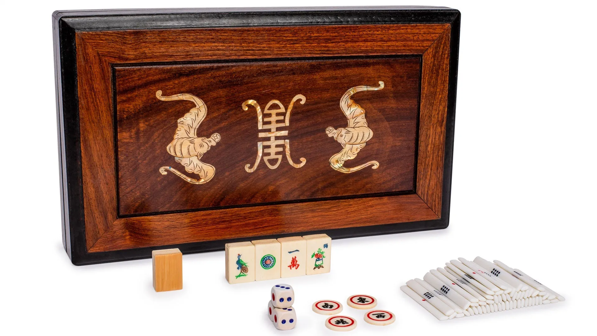 Chinese Mahjong Set, "Bone and Bamboo Tiles" in Rosewood Case - Set Of Betting Sticks, Dice, & Four Wind Tiles