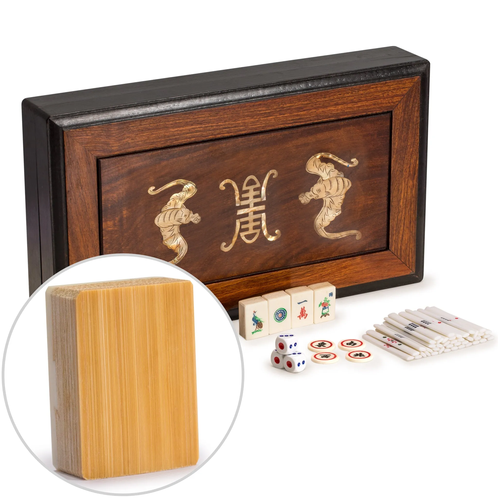 Chinese Mahjong Set, "Bone and Bamboo Tiles" in Rosewood Case - Set Of Betting Sticks, Dice, & Four Wind Tiles