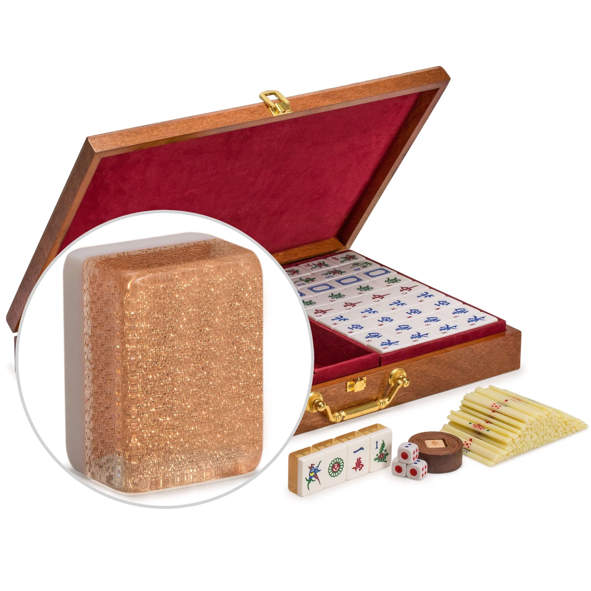 Classic Chinese Mahjong Game Set, "Champagne Gold" - with 148 Medium Size Tiles and a Wooden Case