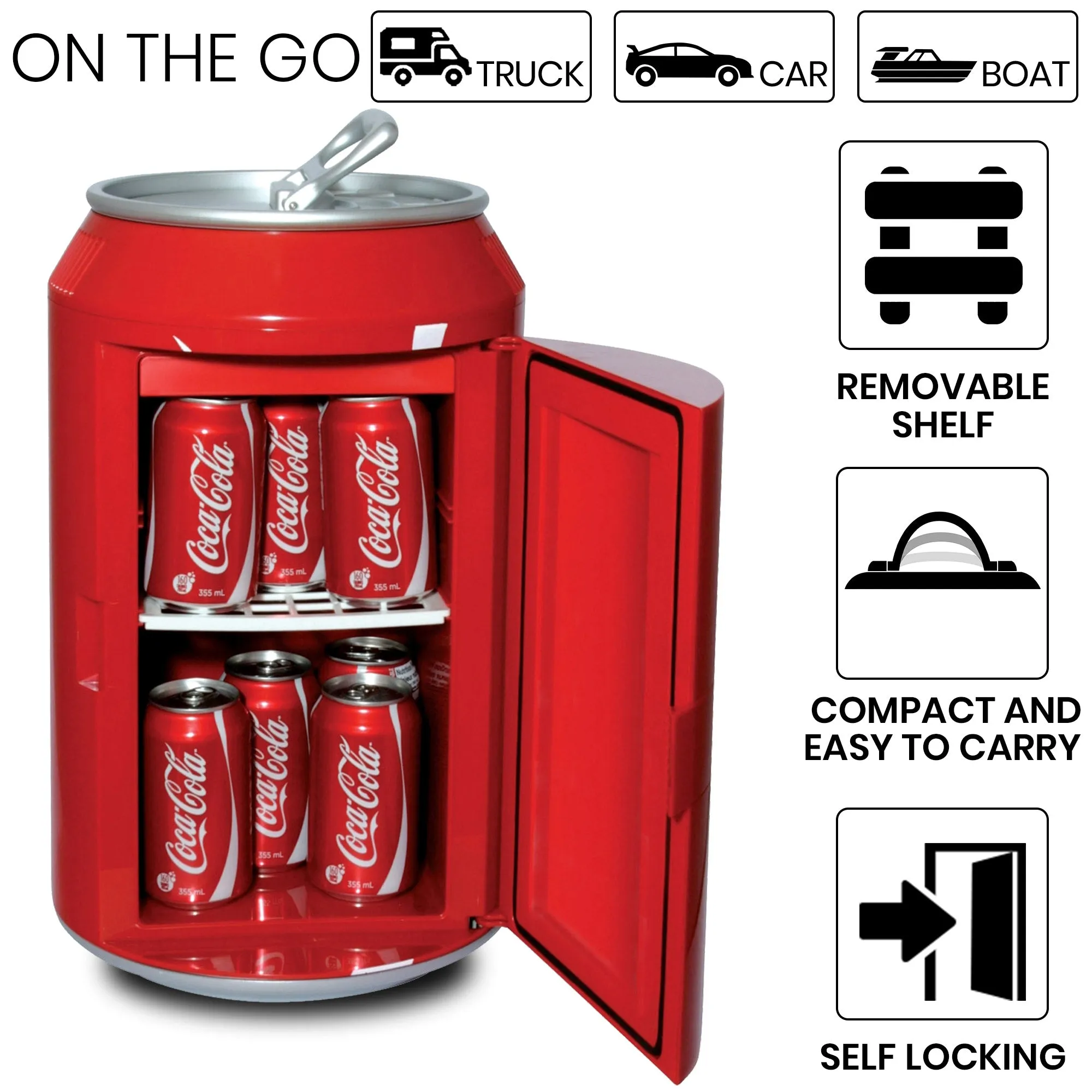 Coca-Cola 12 Can Portable Mini Fridge w/ 12V DC and 110V AC Cords, 10L (10.6 qt) Can Shaped Personal Cooler, Red, Travel Fridge for Drinks, Snacks, Lunch, Home, Office, Dorm Room, RV