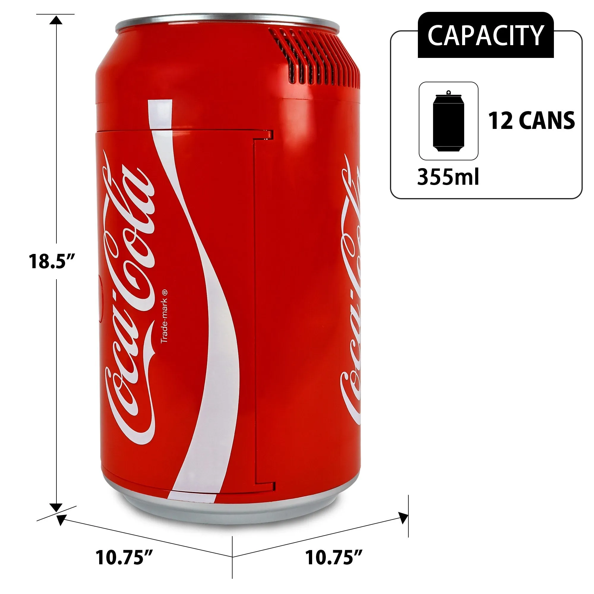 Coca-Cola 12 Can Portable Mini Fridge w/ 12V DC and 110V AC Cords, 10L (10.6 qt) Can Shaped Personal Cooler, Red, Travel Fridge for Drinks, Snacks, Lunch, Home, Office, Dorm Room, RV